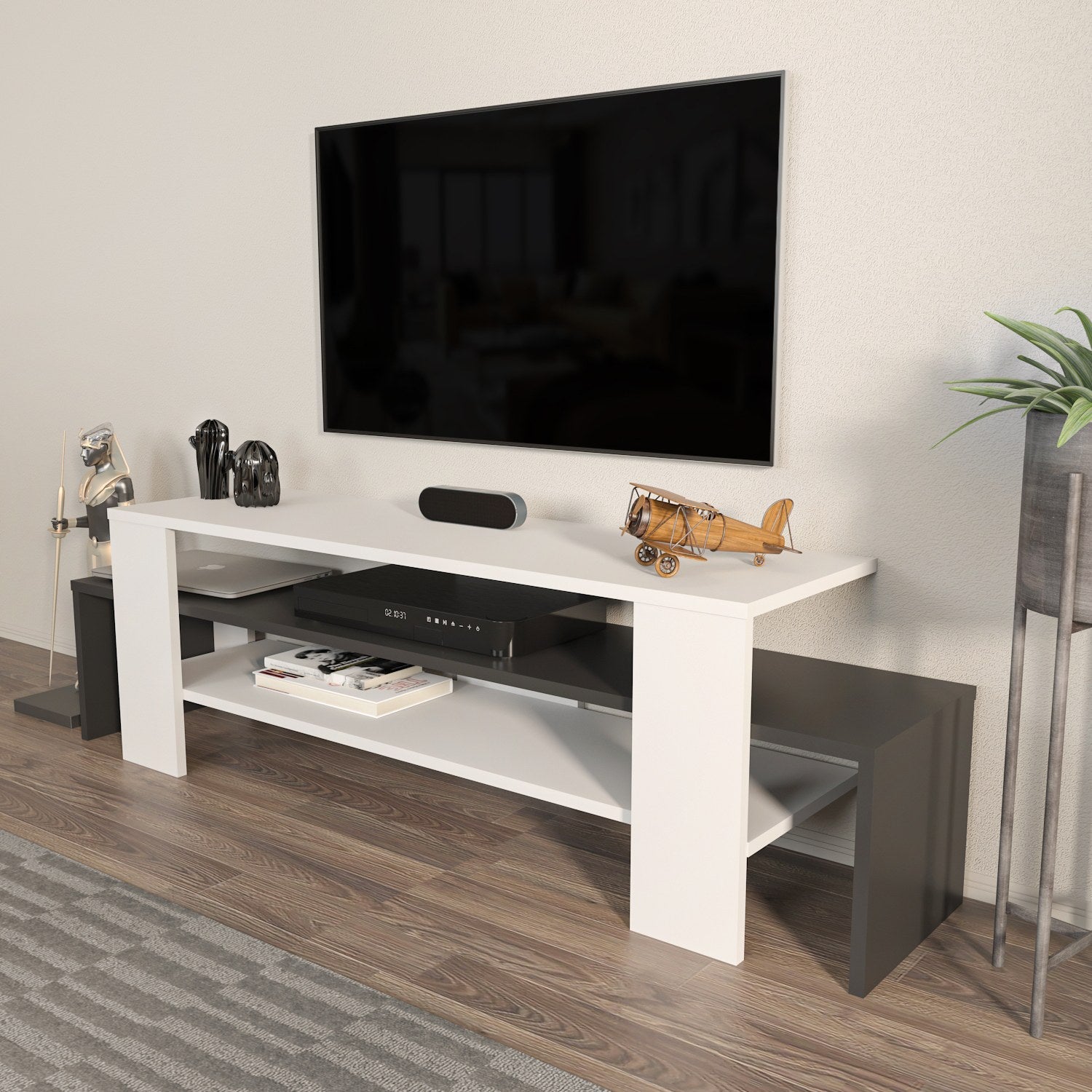 Suporte de TV elegante, 150 cm de largura, branco e antracite | Painel de partículas 100% revestido de melamina, 18 mm de espessura | Design moderno para salas de estar e espaços de entretenimento