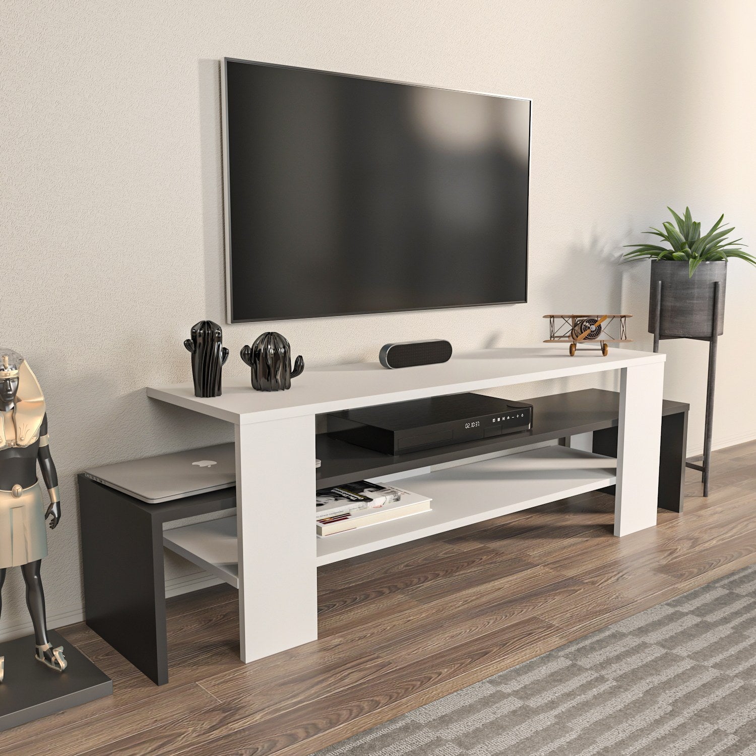 Suporte de TV elegante, 150 cm de largura, branco e antracite | Painel de partículas 100% revestido de melamina, 18 mm de espessura | Design moderno para salas de estar e espaços de entretenimento