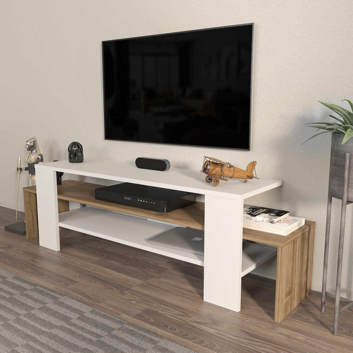Suporte de TV elegante, 150 cm de largura, branco e nogueira, 45 cm de altura, 35 cm de profundidade | Painel de partículas 100% revestido de melamina, 18 mm de espessura | Design moderno para sala de estar
