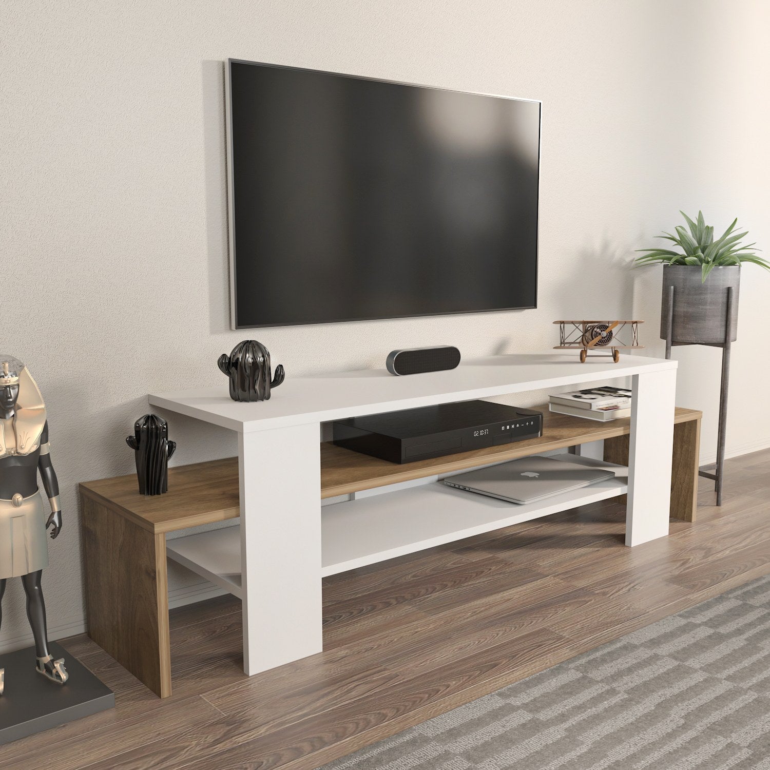 Suporte de TV elegante, 150 cm de largura, branco e nogueira, 45 cm de altura, 35 cm de profundidade | Painel de partículas 100% revestido de melamina, 18 mm de espessura | Design moderno para sala de estar