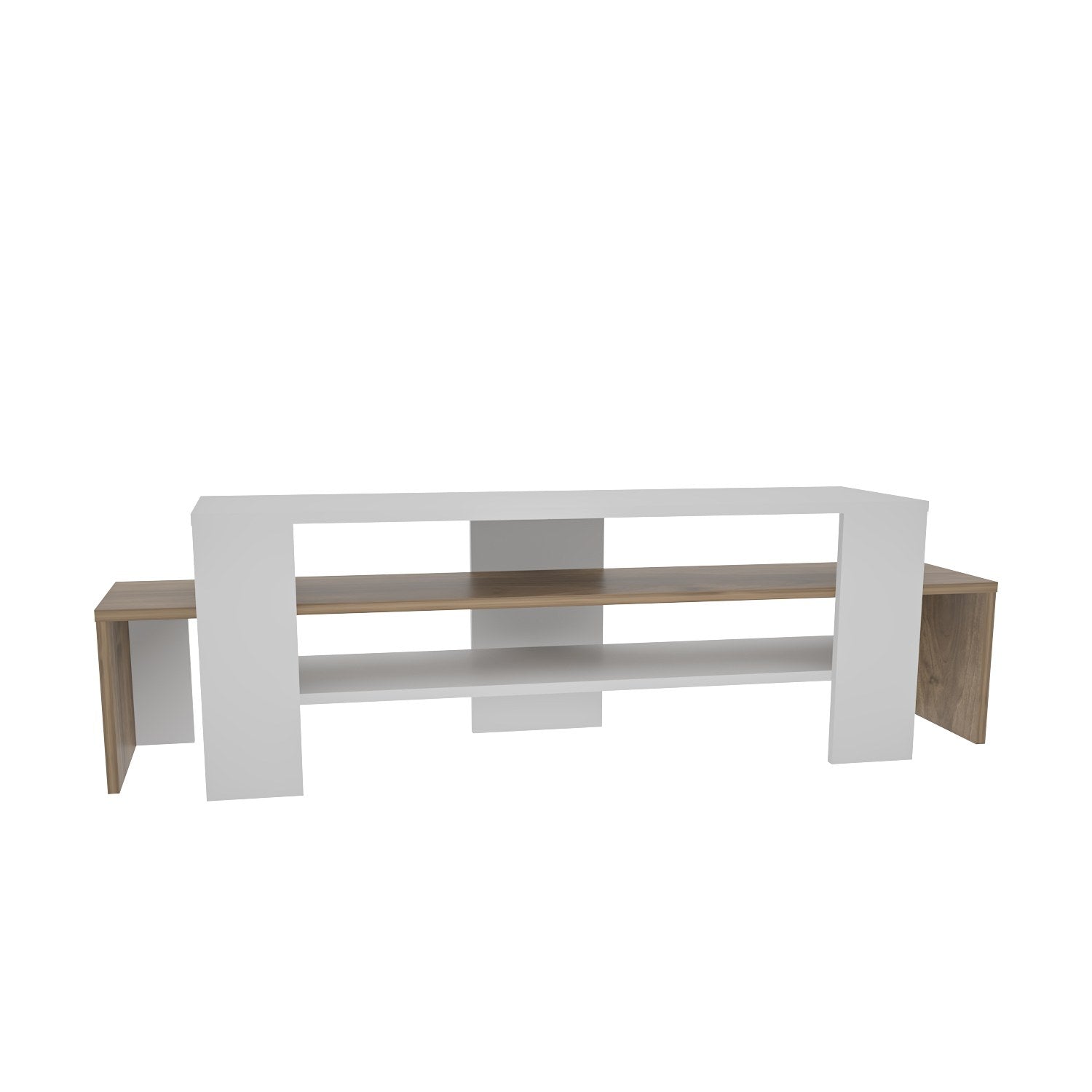 Suporte de TV elegante, 150 cm de largura, branco e nogueira, 45 cm de altura, 35 cm de profundidade | Painel de partículas 100% revestido de melamina, 18 mm de espessura | Design moderno para sala de estar