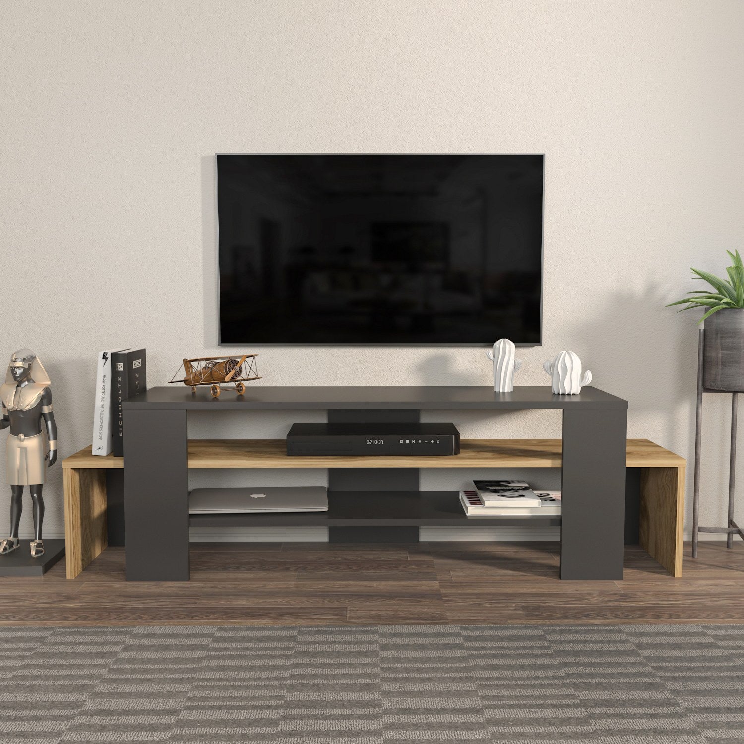 Suporte de TV elegante, preto e carvalho, 150 cm x 45 cm x 35 cm | Painel de partículas 100% revestido de melamina, 18 mm de espessura | Design moderno para salas de estar e espaços de entretenimento