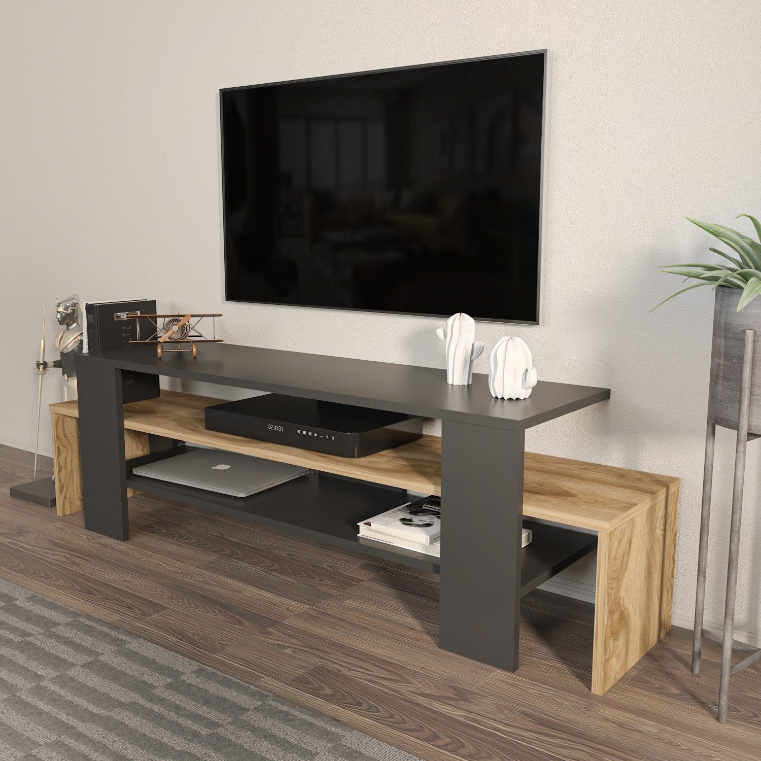 Suporte de TV elegante, preto e carvalho, 150 cm x 45 cm x 35 cm | Painel de partículas 100% revestido de melamina, 18 mm de espessura | Design moderno para salas de estar e espaços de entretenimento