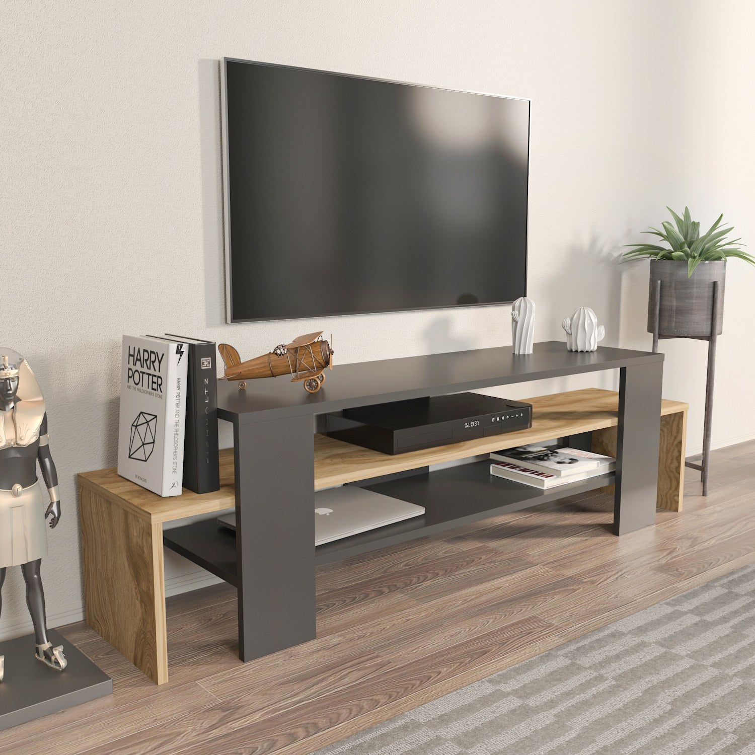 Suporte de TV elegante, preto e carvalho, 150 cm x 45 cm x 35 cm | Painel de partículas 100% revestido de melamina, 18 mm de espessura | Design moderno para salas de estar e espaços de entretenimento