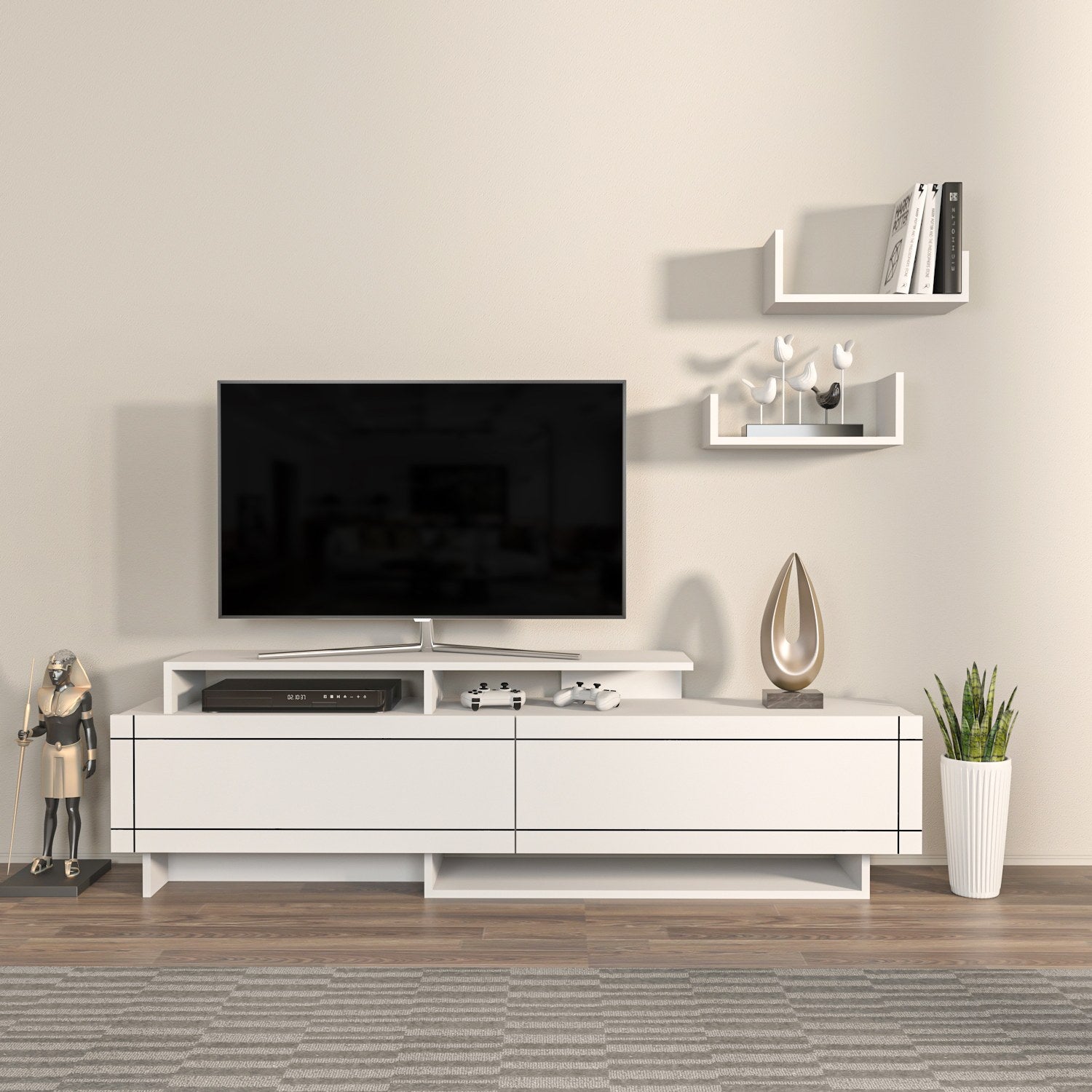 Suporte de TV moderno branco, 180 cm, 54 cm de altura, 36,8 cm de profundidade | Painel de partículas 100% revestido em melamina, 18 mm de espessura | Elegante e funcional para salas de estar