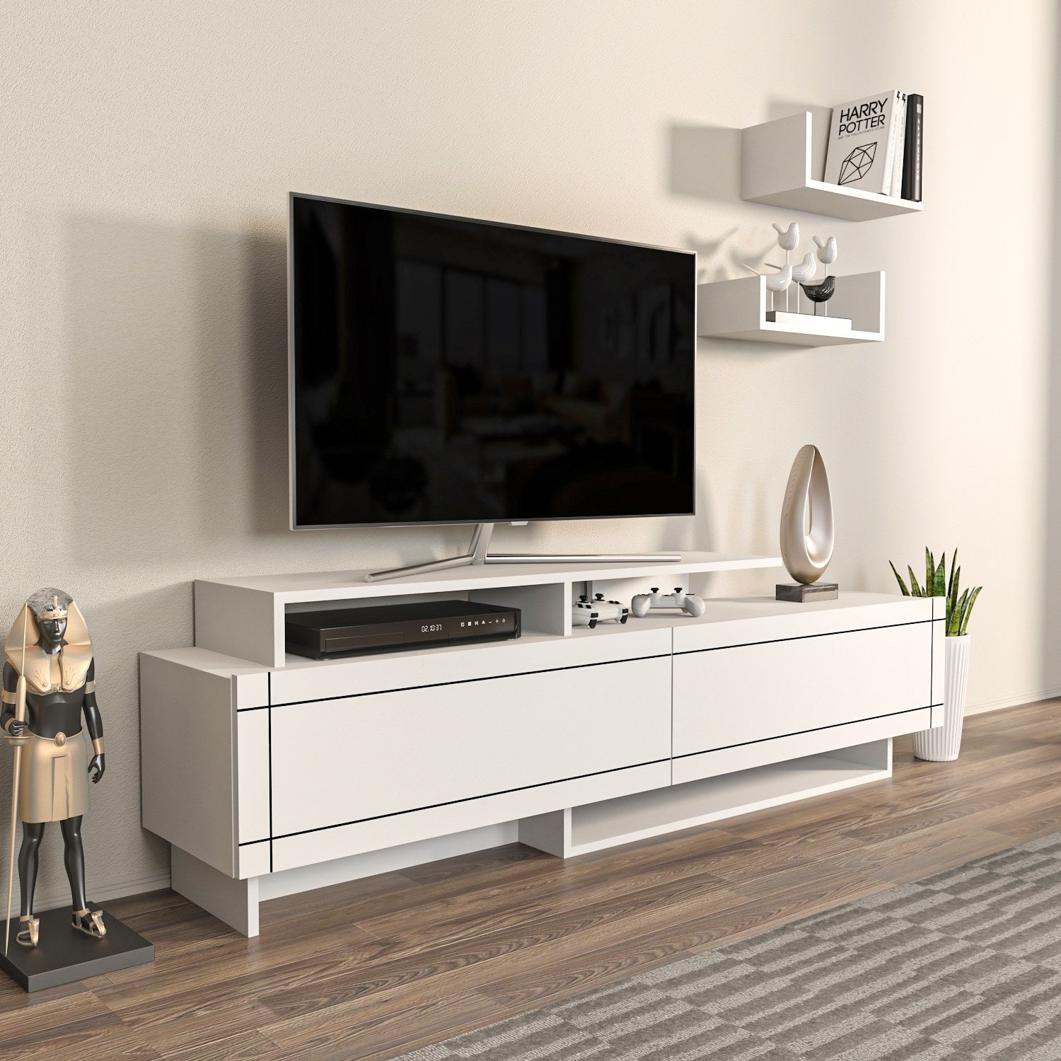 Suporte de TV moderno branco, 180 cm, 54 cm de altura, 36,8 cm de profundidade | Painel de partículas 100% revestido em melamina, 18 mm de espessura | Elegante e funcional para salas de estar
