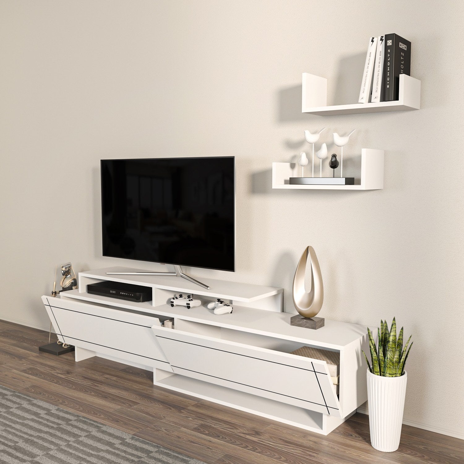 Suporte de TV moderno branco, 180 cm, 54 cm de altura, 36,8 cm de profundidade | Painel de partículas 100% revestido em melamina, 18 mm de espessura | Elegante e funcional para salas de estar
