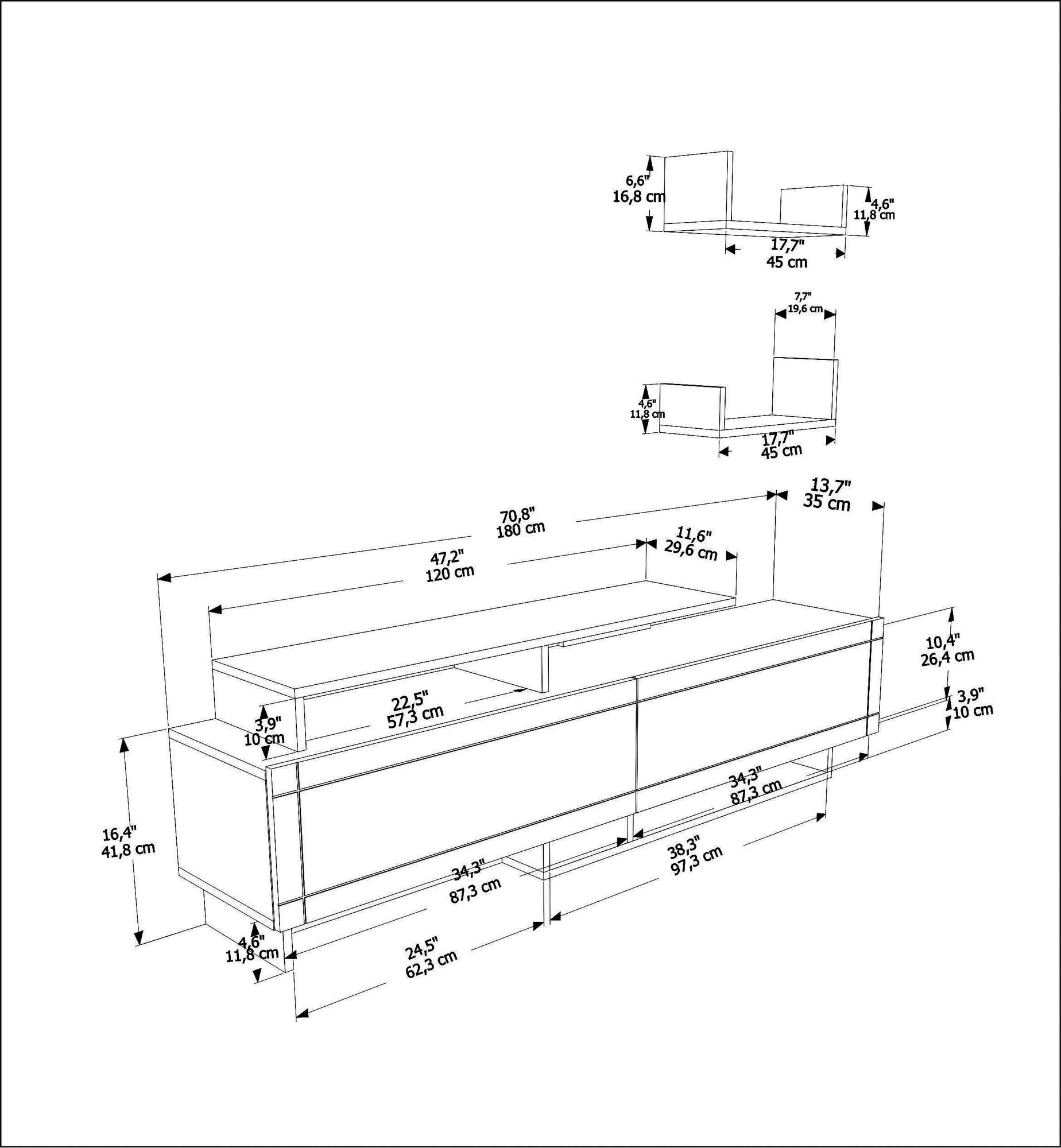 Suporte de TV moderno branco, 180 cm, 54 cm de altura, 36,8 cm de profundidade | Painel de partículas 100% revestido em melamina, 18 mm de espessura | Elegante e funcional para salas de estar