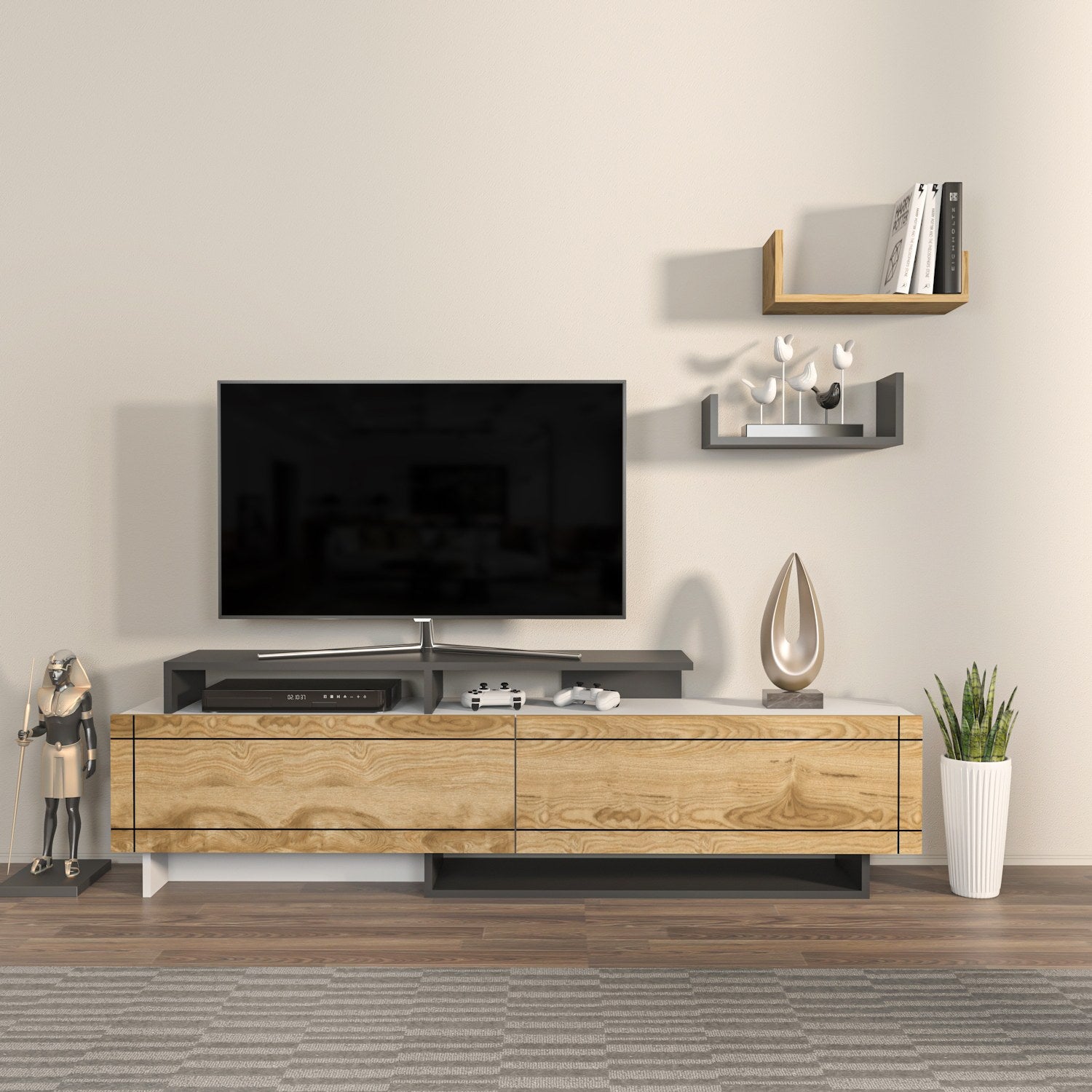 Suporte de TV elegante, 180 cm de largura, branco e carvalho com detalhes em antracite | Painel de partículas 100% revestido em melamina, 18 mm de espessura | Design moderno para sala de estar
