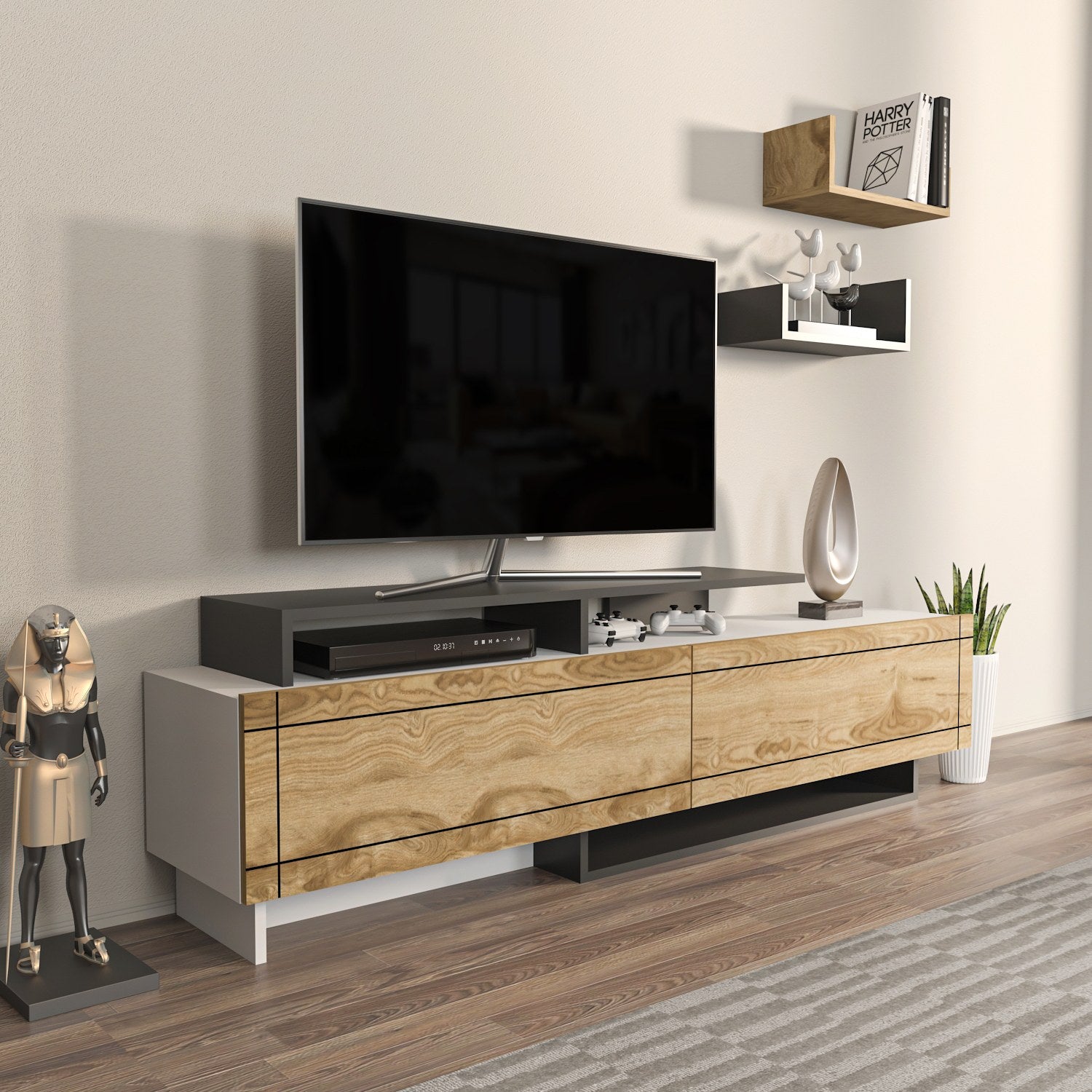 Suporte de TV elegante, 180 cm de largura, branco e carvalho com detalhes em antracite | Painel de partículas 100% revestido em melamina, 18 mm de espessura | Design moderno para sala de estar