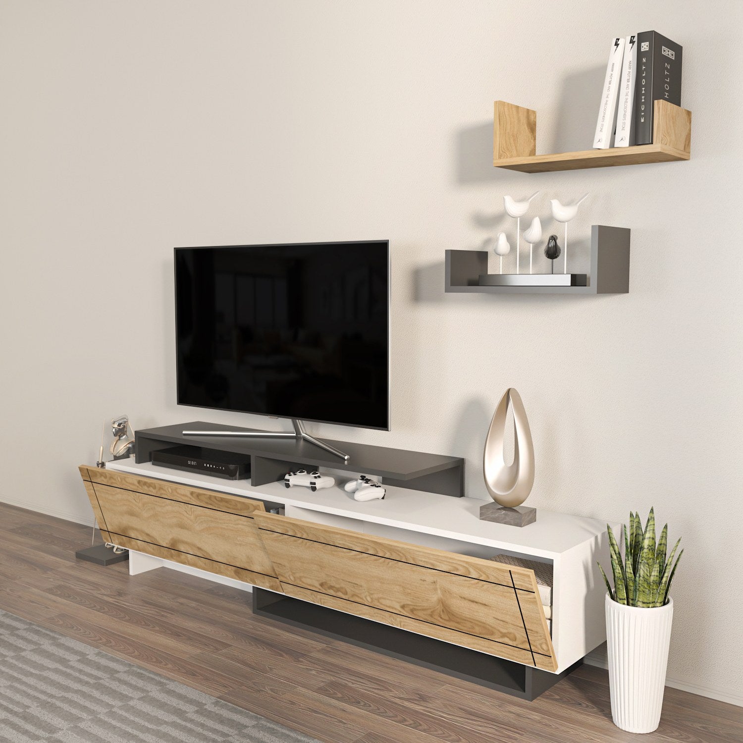 Suporte de TV elegante, 180 cm de largura, branco e carvalho com detalhes em antracite | Painel de partículas 100% revestido em melamina, 18 mm de espessura | Design moderno para sala de estar