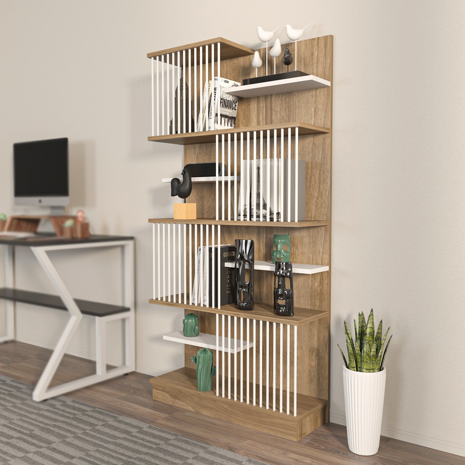 Estante elegante em carvalho e branco, 80 cm x 160 cm x 24,6 cm | Painel de partículas 100% revestido em melamina, 18 mm de espessura | Perfeita para decoração moderna de casa e escritório