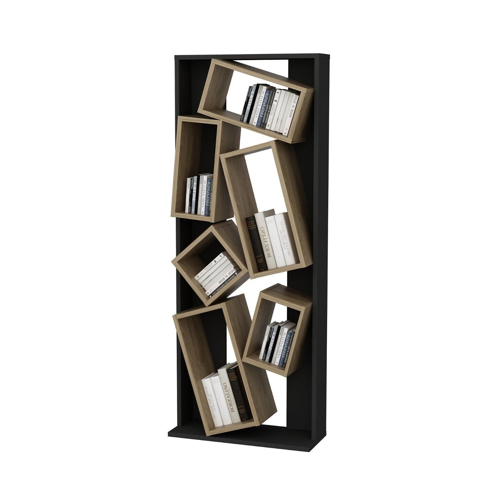 Estante elegante em preto e carvalho, 63 cm L x 153,6 cm A x 24 cm P | Painel de partículas 100% revestido em melamina, 18 mm de espessura | Perfeita para decoração moderna