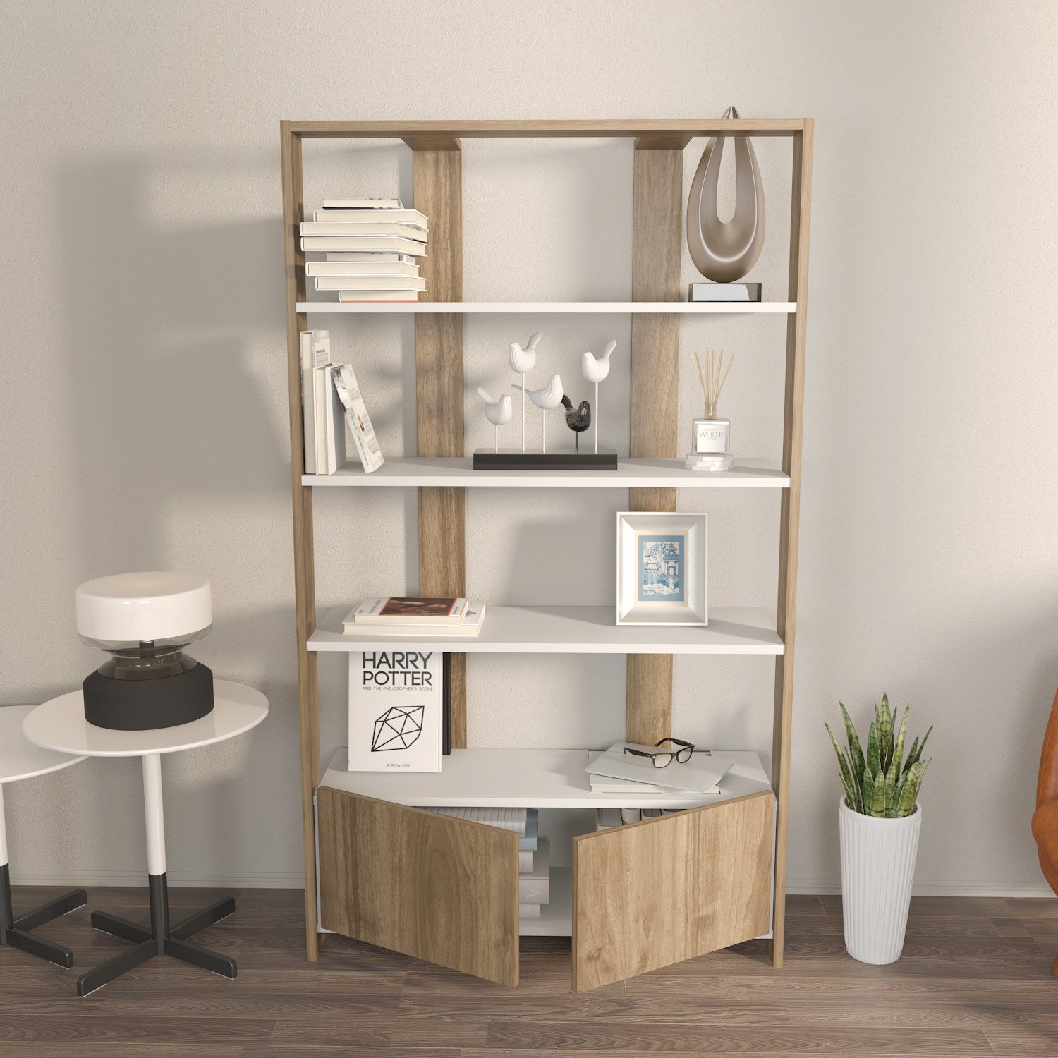 Estante Elegante, Branca e Nogueira, 93,6 x 31,5 x 160 cm | Painel de Partículas 100% Revestido com Melamina, 18 mm de Espessura | Armazenamento Elegante para Casas Modernas
