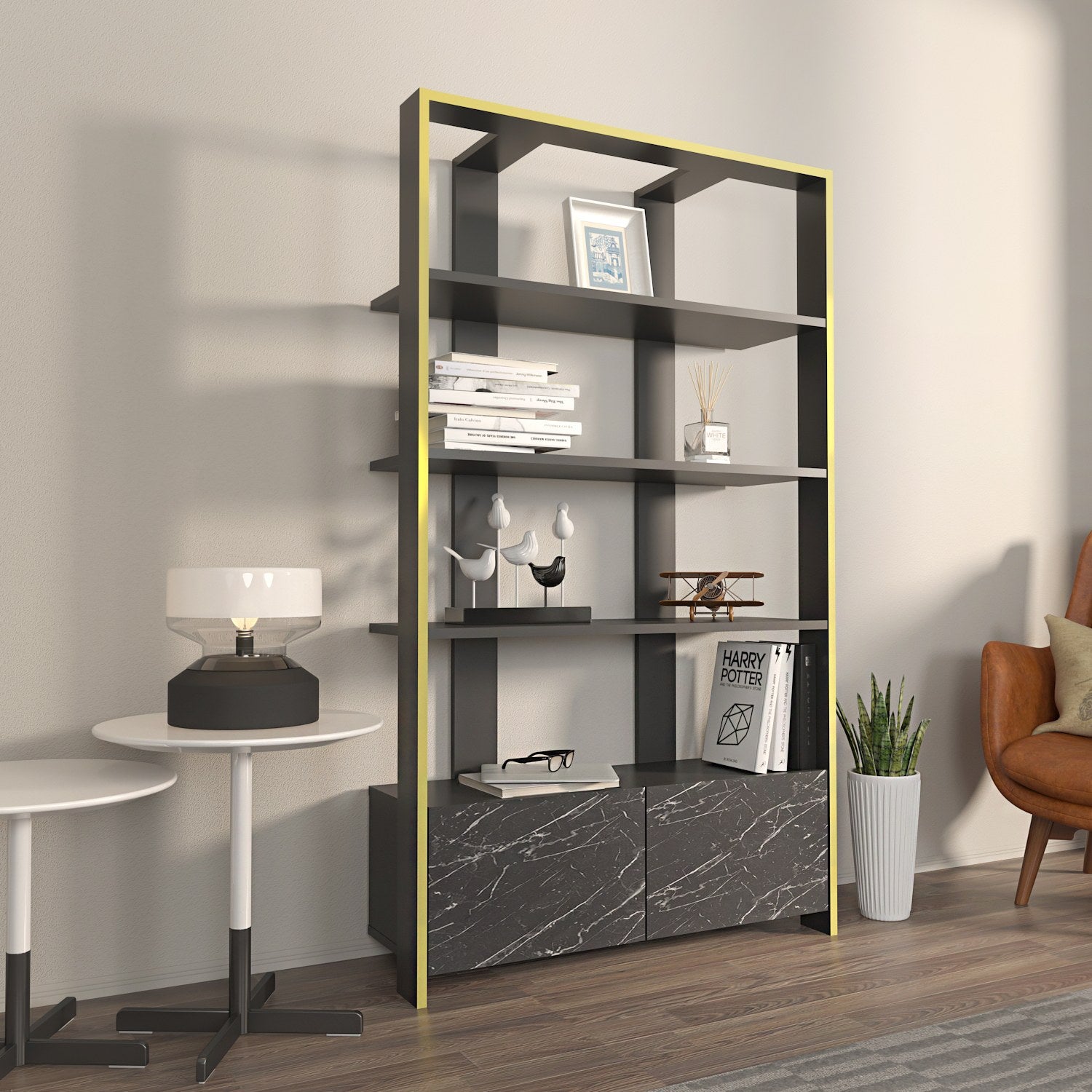 Estante elegante em preto e mármore, 93,6 x 31,5 x 160 cm | Painel de partículas 100% revestido em melamina, 18 mm de espessura | Perfeita para decoração moderna de casa e escritório