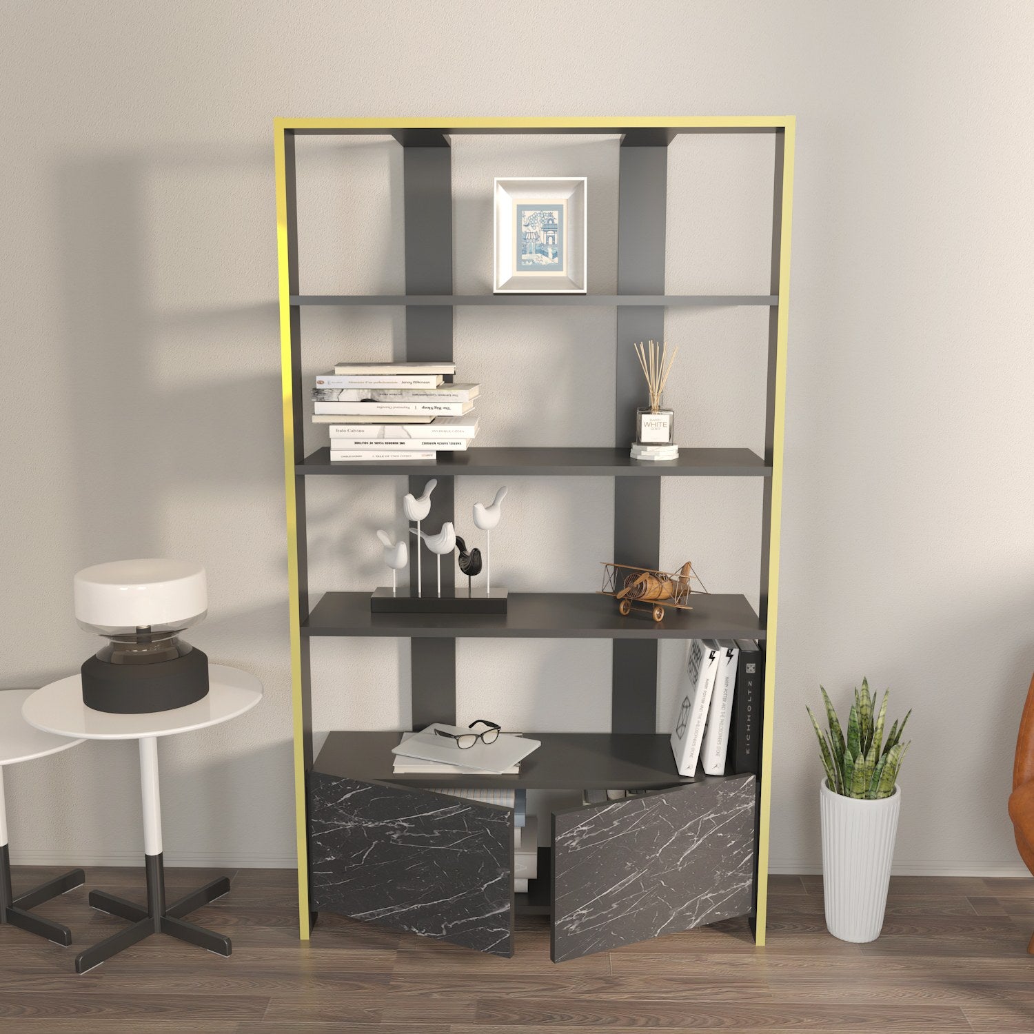 Estante elegante em preto e mármore, 93,6 x 31,5 x 160 cm | Painel de partículas 100% revestido em melamina, 18 mm de espessura | Perfeita para decoração moderna de casa e escritório