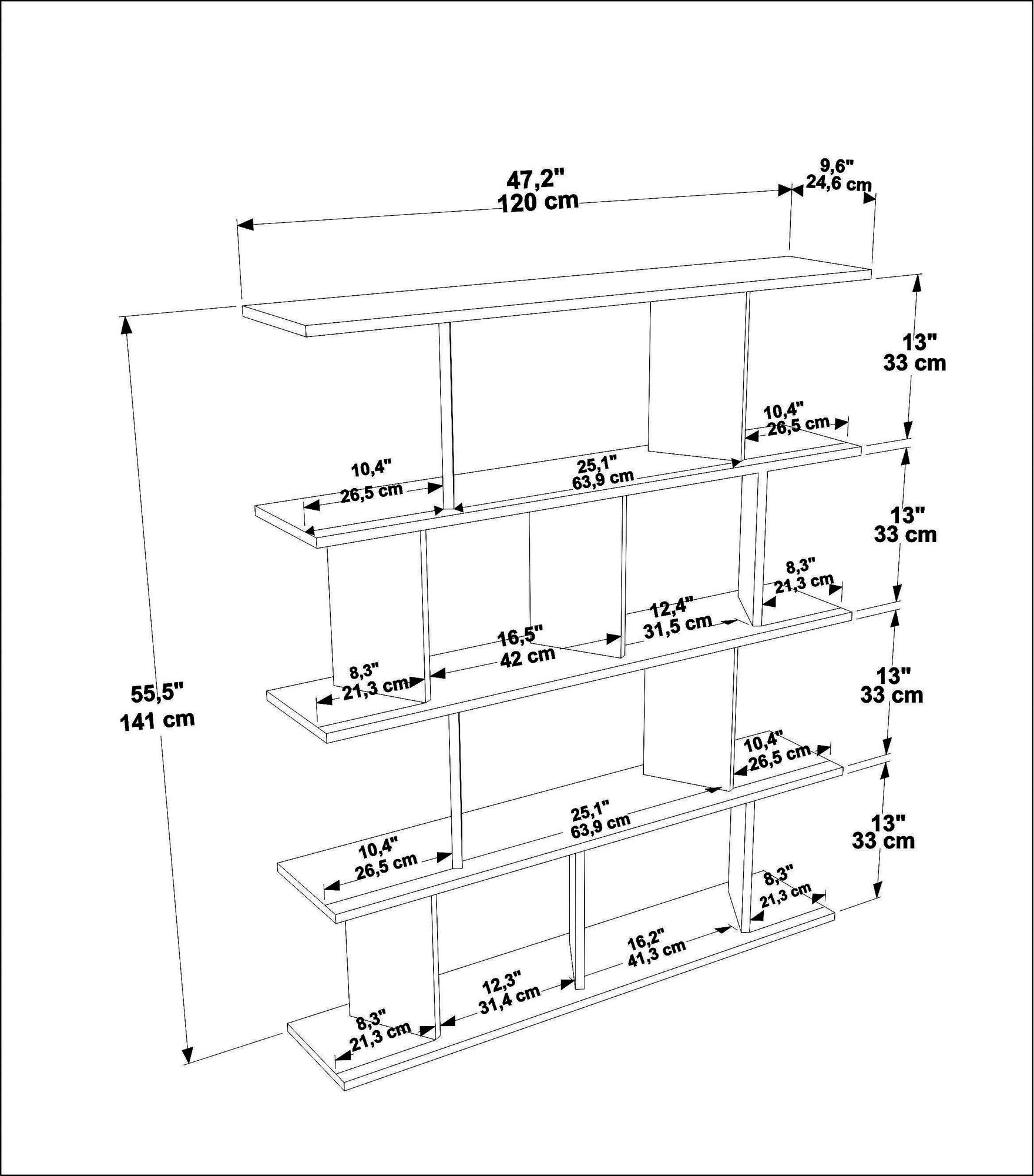 Estante branca elegante, 120 cm x 141 cm x 24,6 cm | Painel de partículas 100% revestido de melamina, 18 mm de espessura | Perfeita para armazenamento moderno em casa e escritório