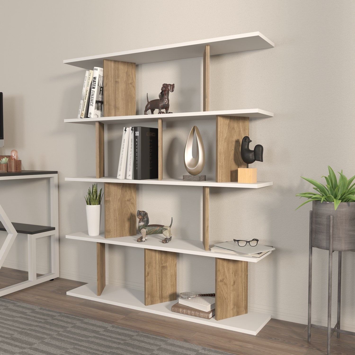 Estante elegante, branca e nogueira, 120 x 141 x 24,6 cm | Painel de partículas 100% revestido de melamina, 18 mm de espessura | Perfeito para decoração moderna de casa e escritório