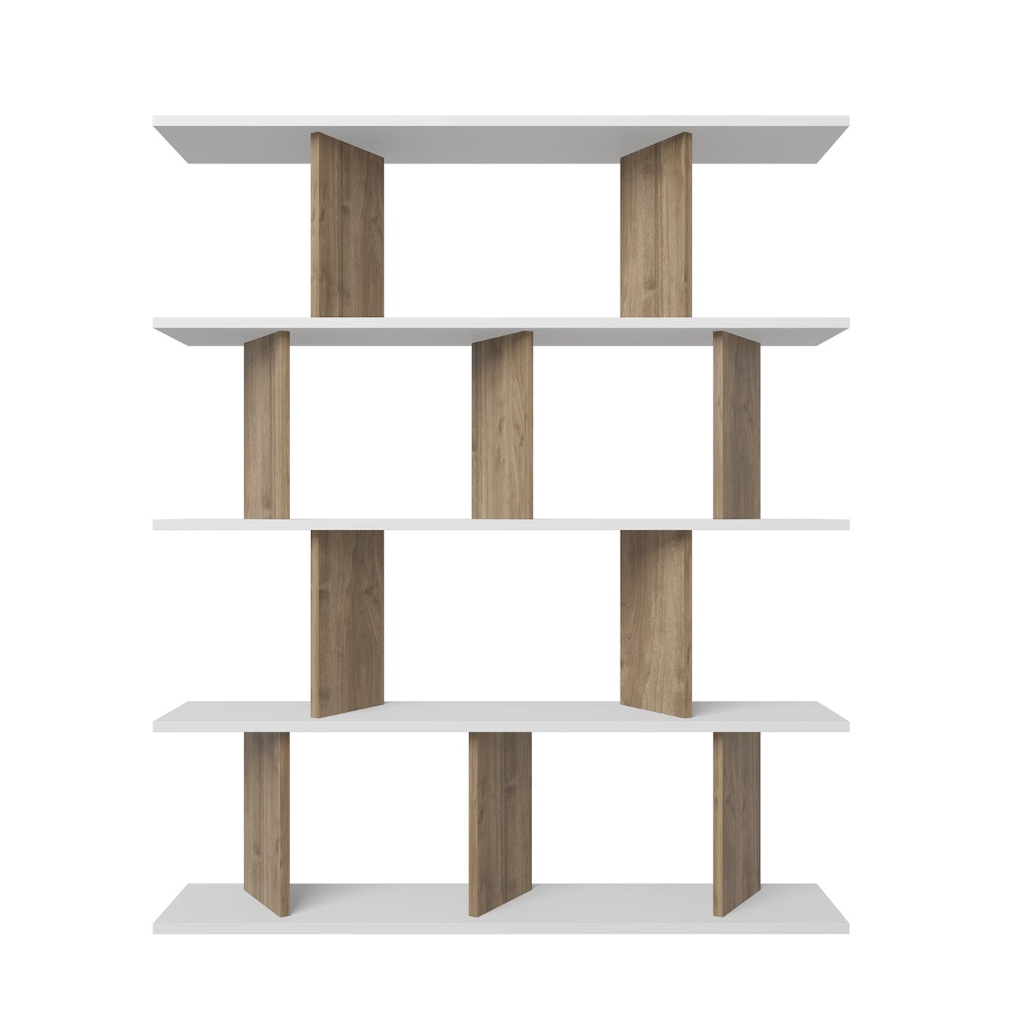 Estante elegante, branca e nogueira, 120 x 141 x 24,6 cm | Painel de partículas 100% revestido de melamina, 18 mm de espessura | Perfeito para decoração moderna de casa e escritório