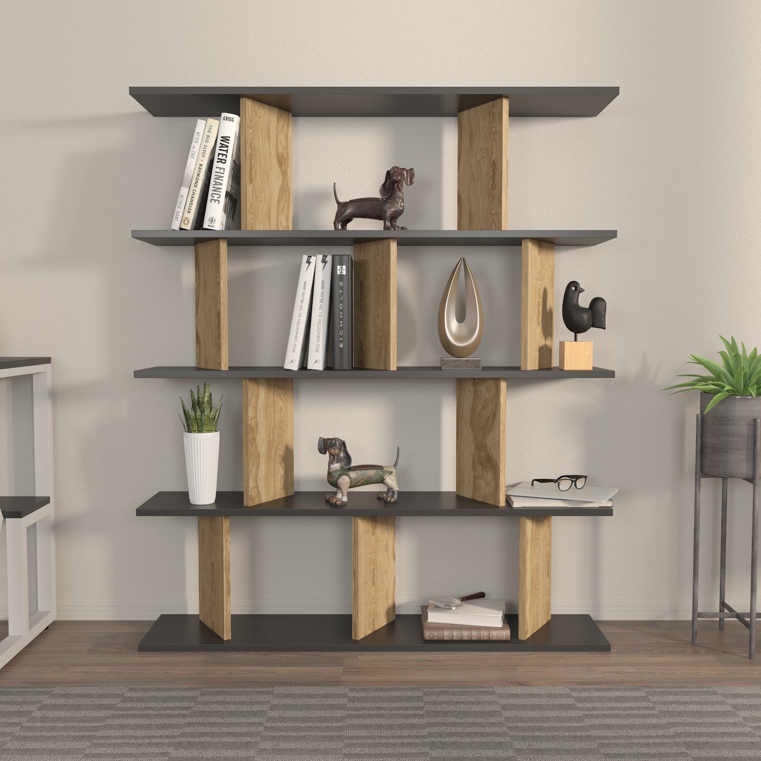 Estante elegante, preta e carvalho, 120 x 141 x 24,6 cm | Painel de partículas 100% revestido em melamina, 18 mm de espessura | Perfeita para decoração moderna de casa e escritório