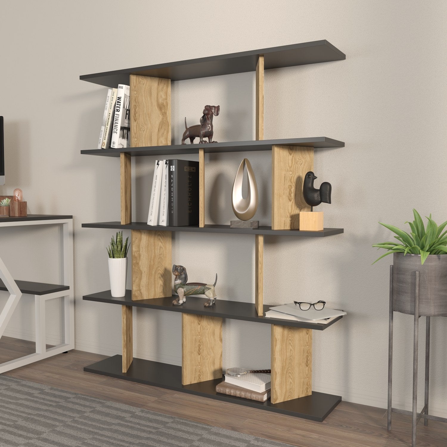 Estante elegante, preta e carvalho, 120 x 141 x 24,6 cm | Painel de partículas 100% revestido em melamina, 18 mm de espessura | Perfeita para decoração moderna de casa e escritório