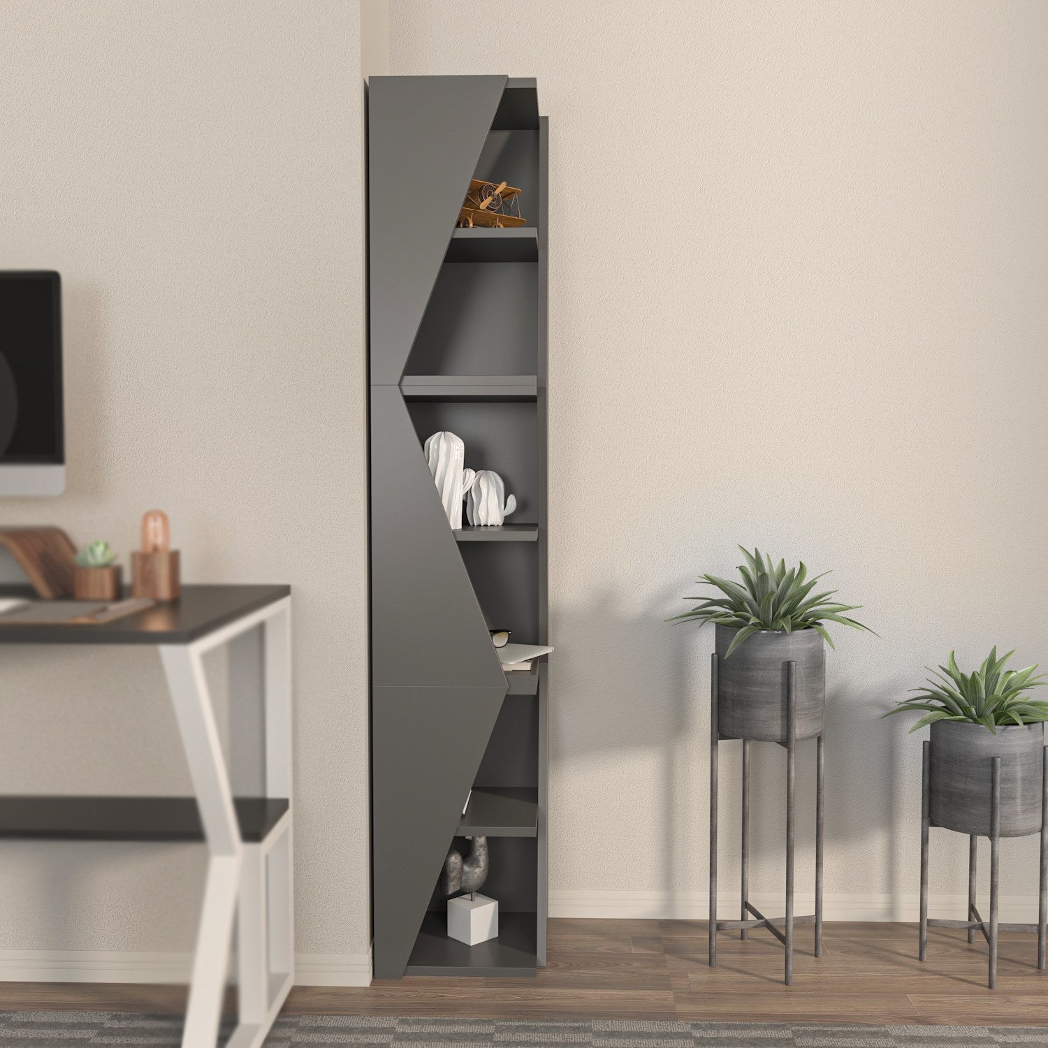 Estante elegante em antracite, 165 cm de altura x 31,8 cm de largura x 31,8 cm de profundidade | Painel de partículas 100% revestido em melamina, 18 mm de espessura | Perfeito para decoração moderna