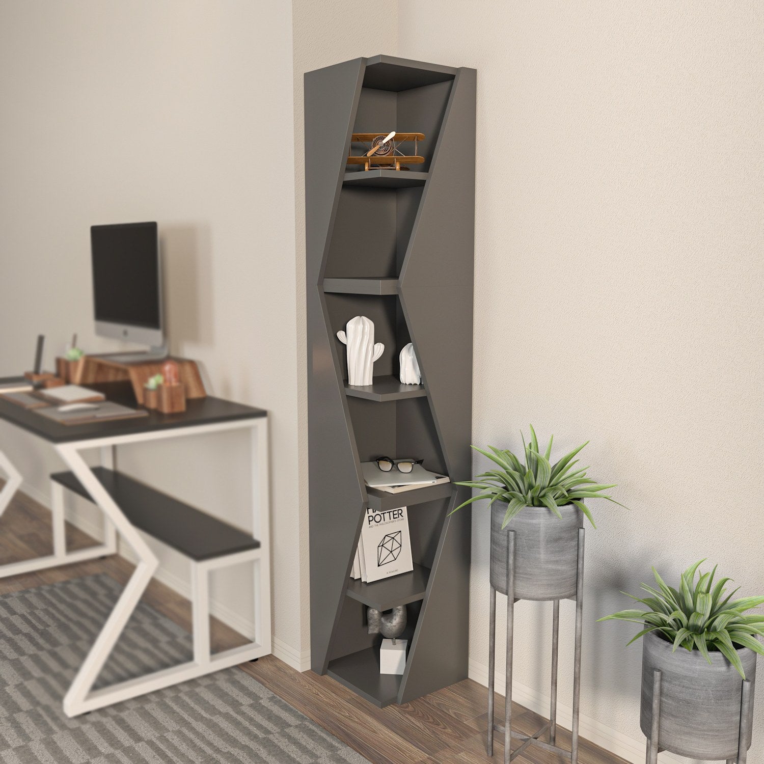 Estante elegante em antracite, 165 cm de altura x 31,8 cm de largura x 31,8 cm de profundidade | Painel de partículas 100% revestido em melamina, 18 mm de espessura | Perfeito para decoração moderna