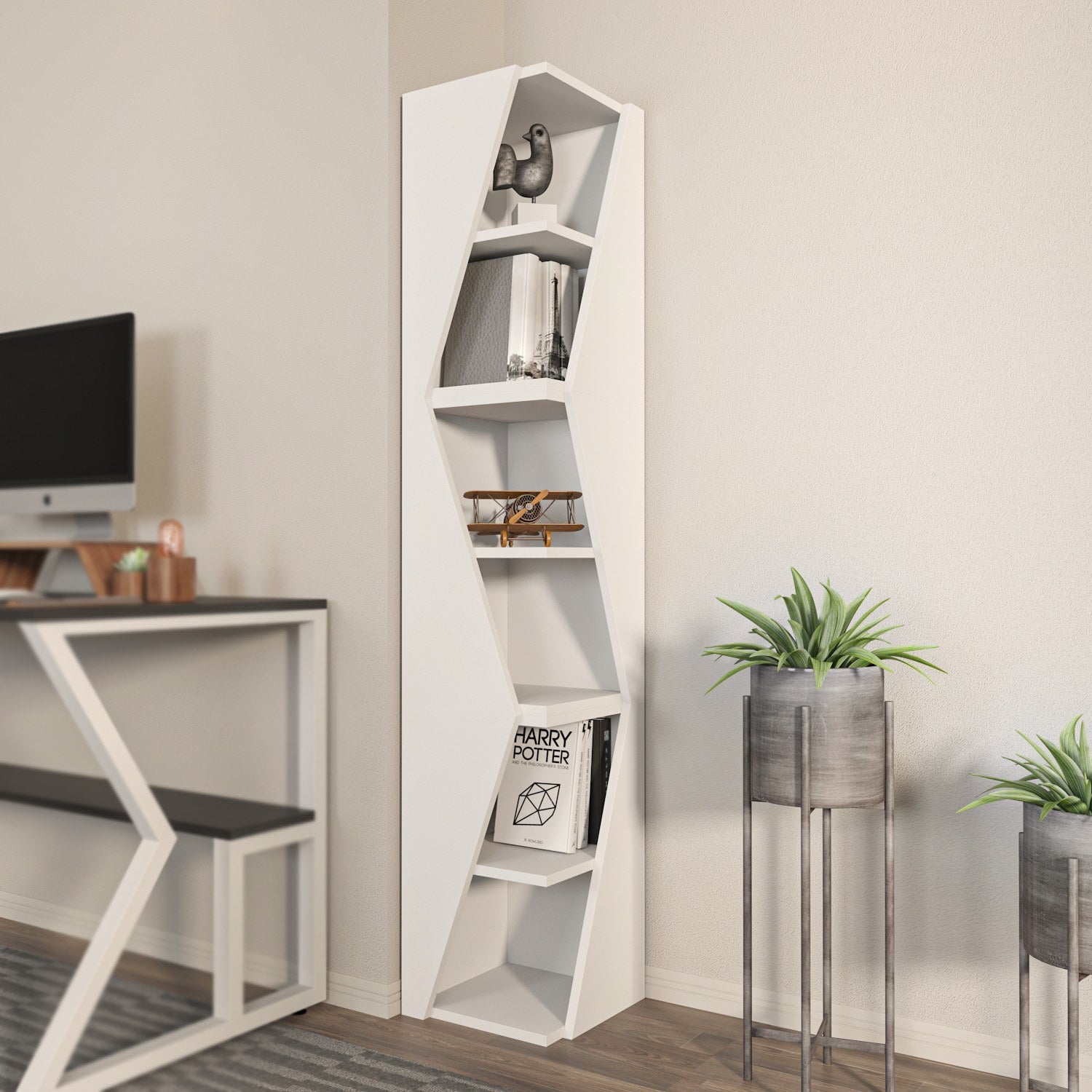 Estante branca elegante, 165 cm de altura x 31,8 cm de largura x 31,8 cm de profundidade | Painel de partículas 100% revestido de melamina, 18 mm de espessura | Perfeito para decoração moderna de casa