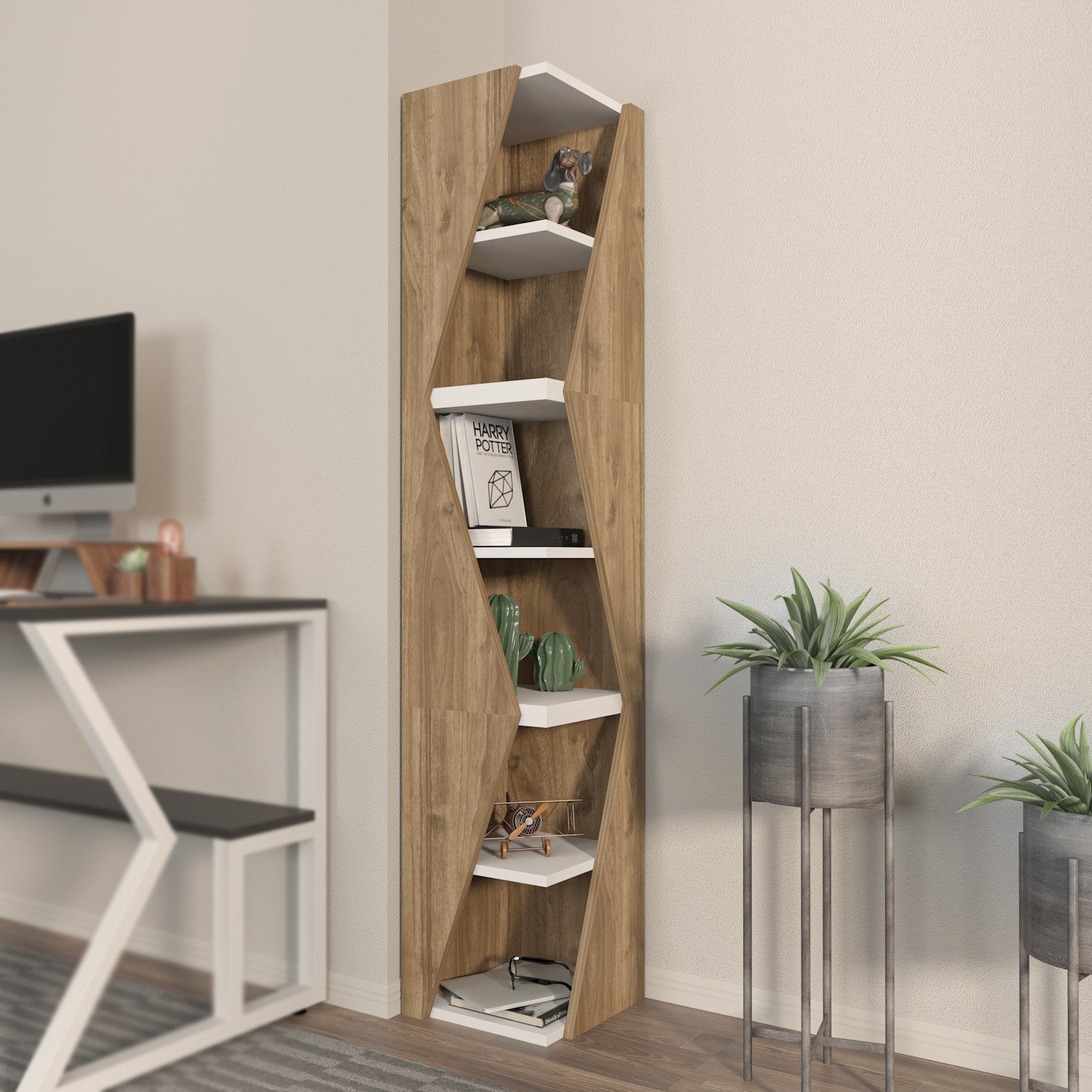 Estante elegante em nogueira e branco, 165 cm de altura, 31,8 cm de largura | Painel de partículas 100% revestido em melamina, 18 mm de espessura | Armazenamento elegante para casa e escritório