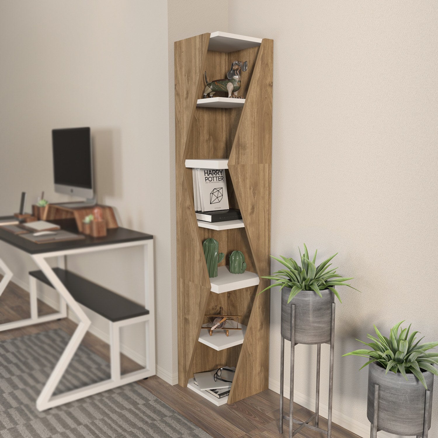 Estante elegante em nogueira e branco, 165 cm de altura, 31,8 cm de largura | Painel de partículas 100% revestido em melamina, 18 mm de espessura | Armazenamento elegante para casa e escritório