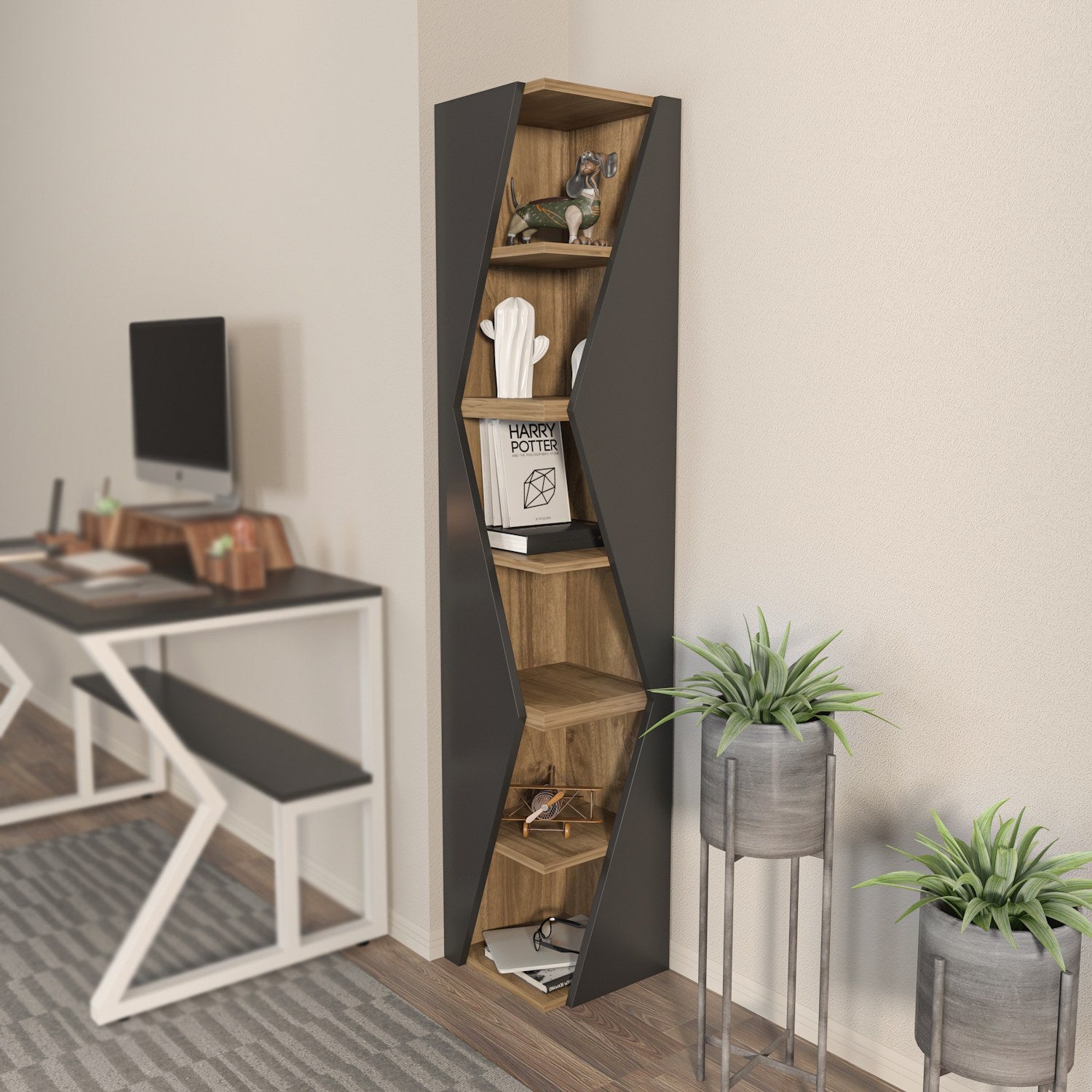 Estante elegante, preta e nogueira, 31,8 x 165 x 31,8 cm | Painel de partículas 100% revestido de melamina, 18 mm de espessura | Perfeita para decoração moderna de casa e escritório