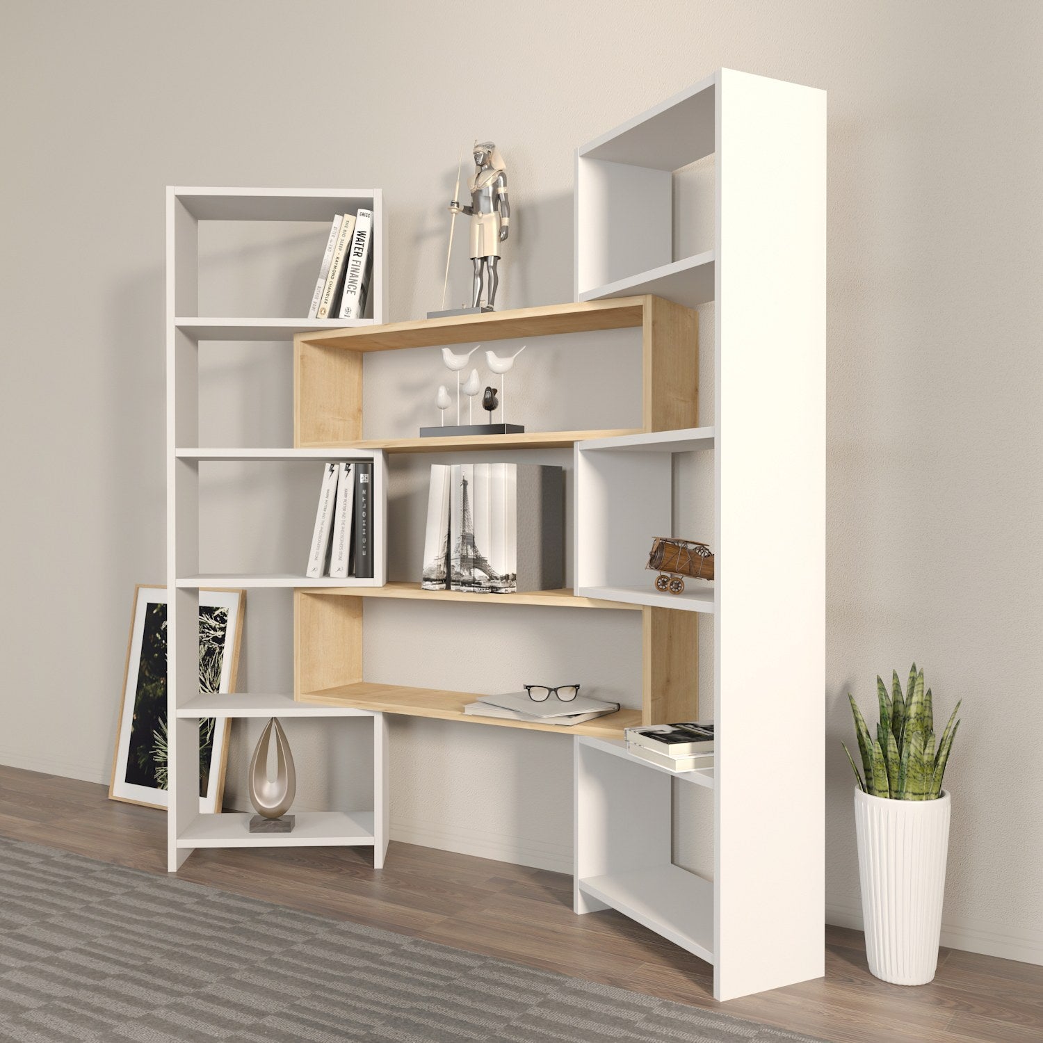 Estante elegante, branca e carvalho, 163,5 x 150 x 22 cm | Painel de partículas 100% revestido em melamina, 18 mm de espessura | Perfeita para decoração moderna de casa e escritório