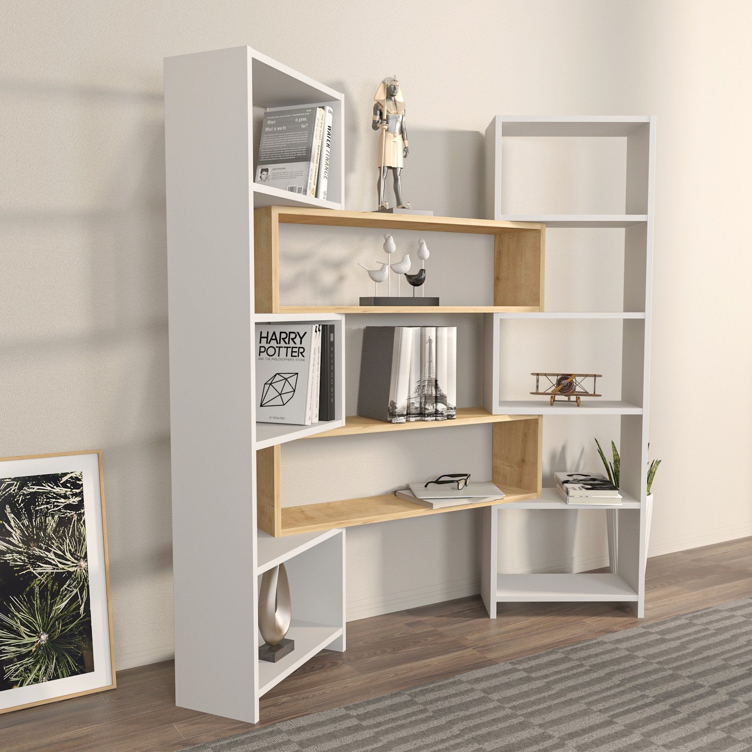 Estante elegante, branca e carvalho, 163,5 x 150 x 22 cm | Painel de partículas 100% revestido em melamina, 18 mm de espessura | Perfeita para decoração moderna de casa e escritório