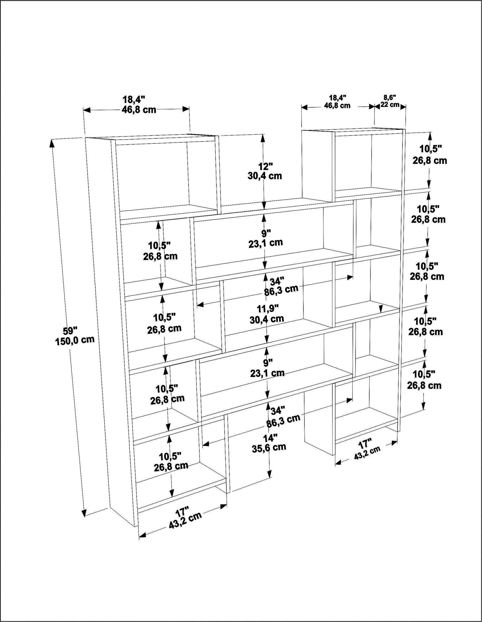 Estante elegante, branca e carvalho, 163,5 x 150 x 22 cm | Painel de partículas 100% revestido em melamina, 18 mm de espessura | Perfeita para decoração moderna de casa e escritório