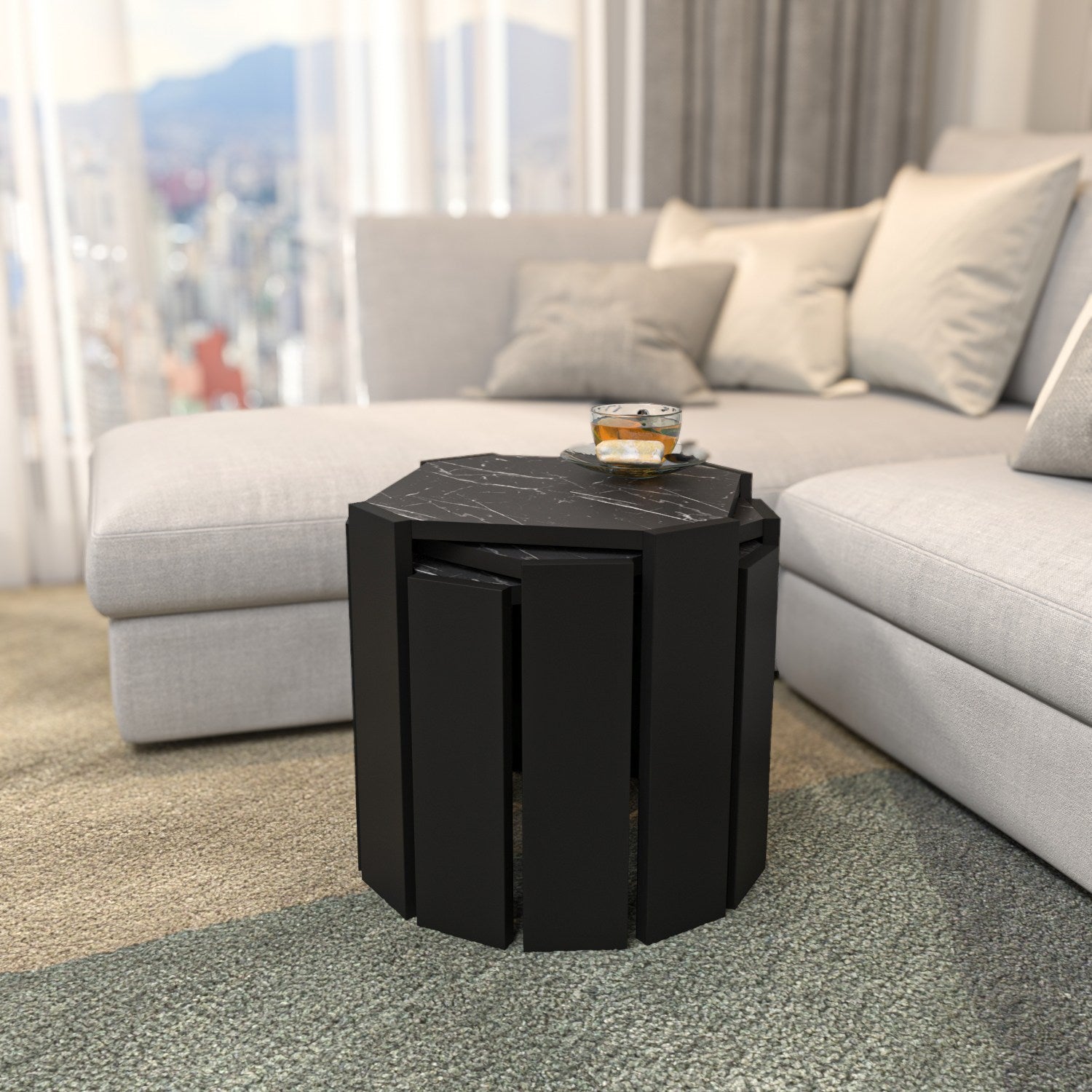 Mesa de Centro Elegante, Preta e Mármore, 44,5 x 41 x 44,5 cm | Painel de Partículas 100% Revestido em Melamina, 18 mm de Espessura | Design Moderno para Sala de Estar e Escritório