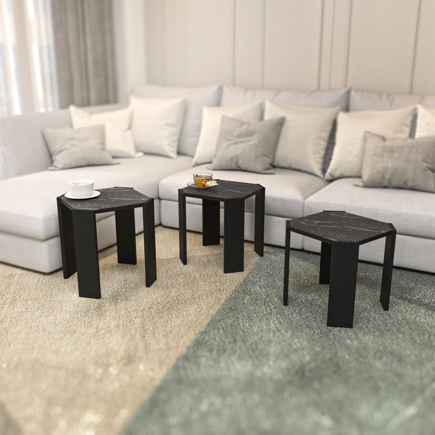 Mesa de Centro Elegante, Preta e Mármore, 44,5 x 41 x 44,5 cm | Painel de Partículas 100% Revestido em Melamina, 18 mm de Espessura | Design Moderno para Sala de Estar e Escritório