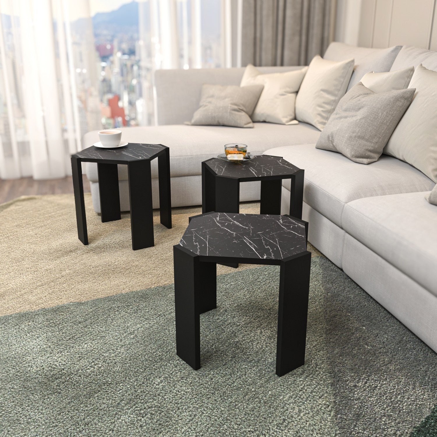 Mesa de Centro Elegante, Preta e Mármore, 44,5 x 41 x 44,5 cm | Painel de Partículas 100% Revestido em Melamina, 18 mm de Espessura | Design Moderno para Sala de Estar e Escritório