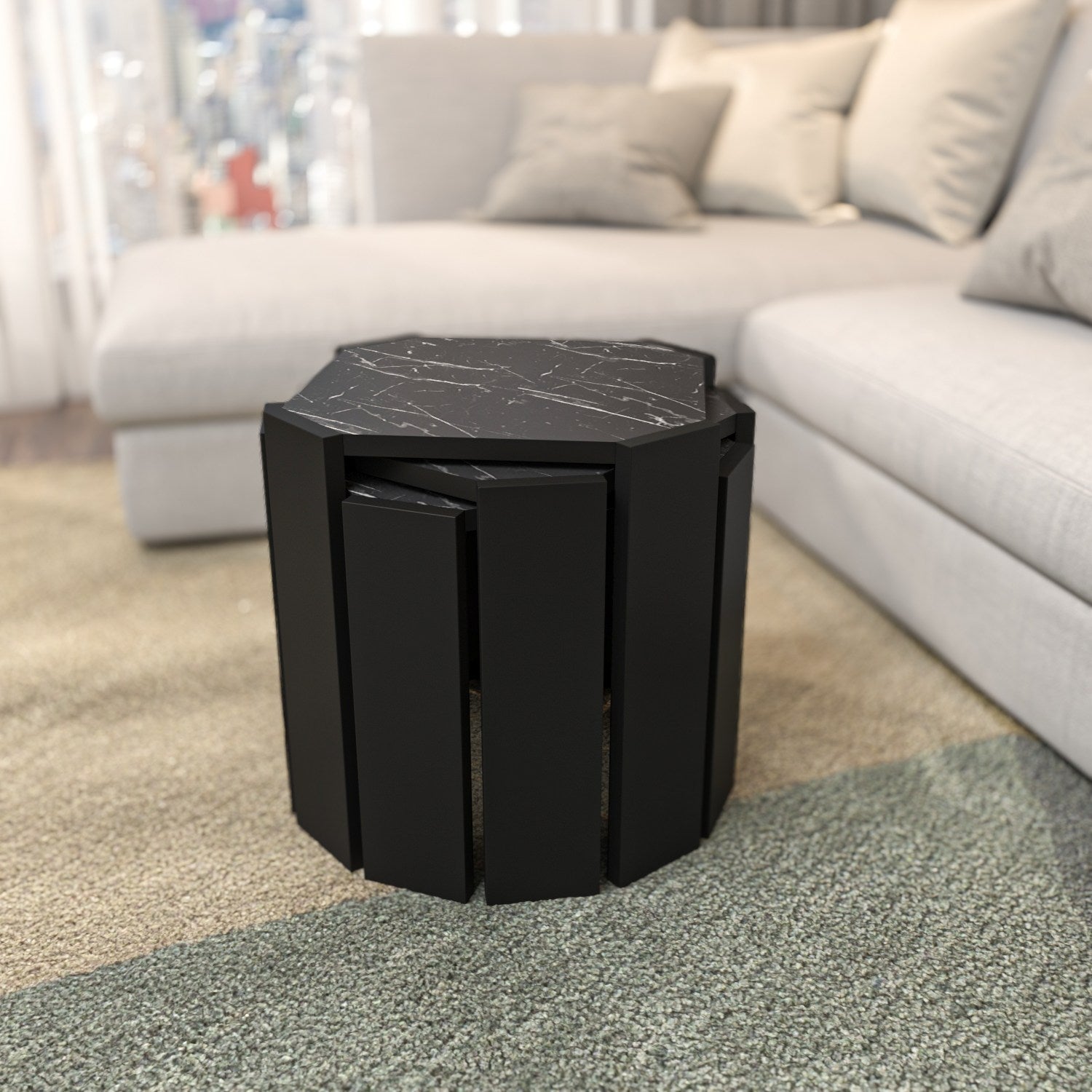 Mesa de Centro Elegante, Preta e Mármore, 44,5 x 41 x 44,5 cm | Painel de Partículas 100% Revestido em Melamina, 18 mm de Espessura | Design Moderno para Sala de Estar e Escritório