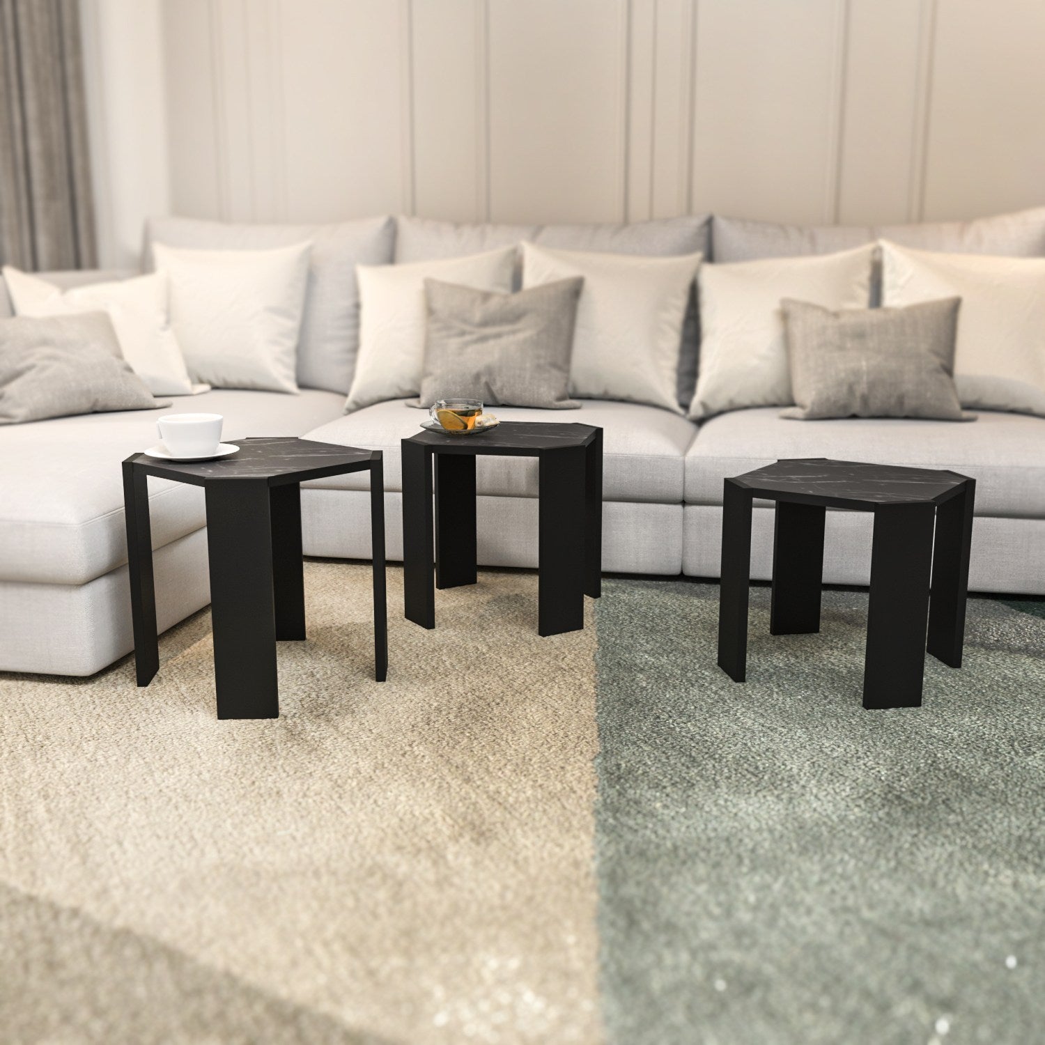Mesa de Centro Elegante, Preta e Mármore, 44,5 x 41 x 44,5 cm | Painel de Partículas 100% Revestido em Melamina, 18 mm de Espessura | Design Moderno para Sala de Estar e Escritório
