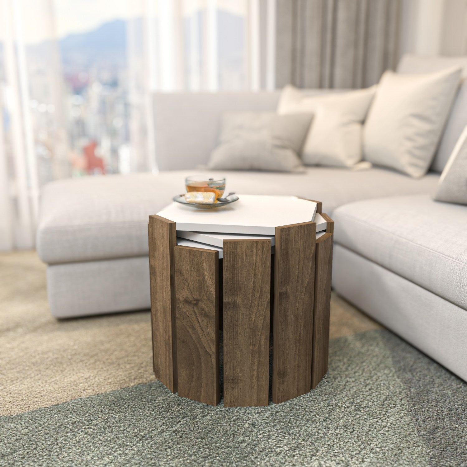 Mesa de Centro Elegante, Branca e Nogueira, 44,5 x 41 x 44,5 cm | Painel de Partículas 100% Revestido em Melamina, 18 mm de Espessura | Perfeita para Salas de Estar e Espaços Modernos