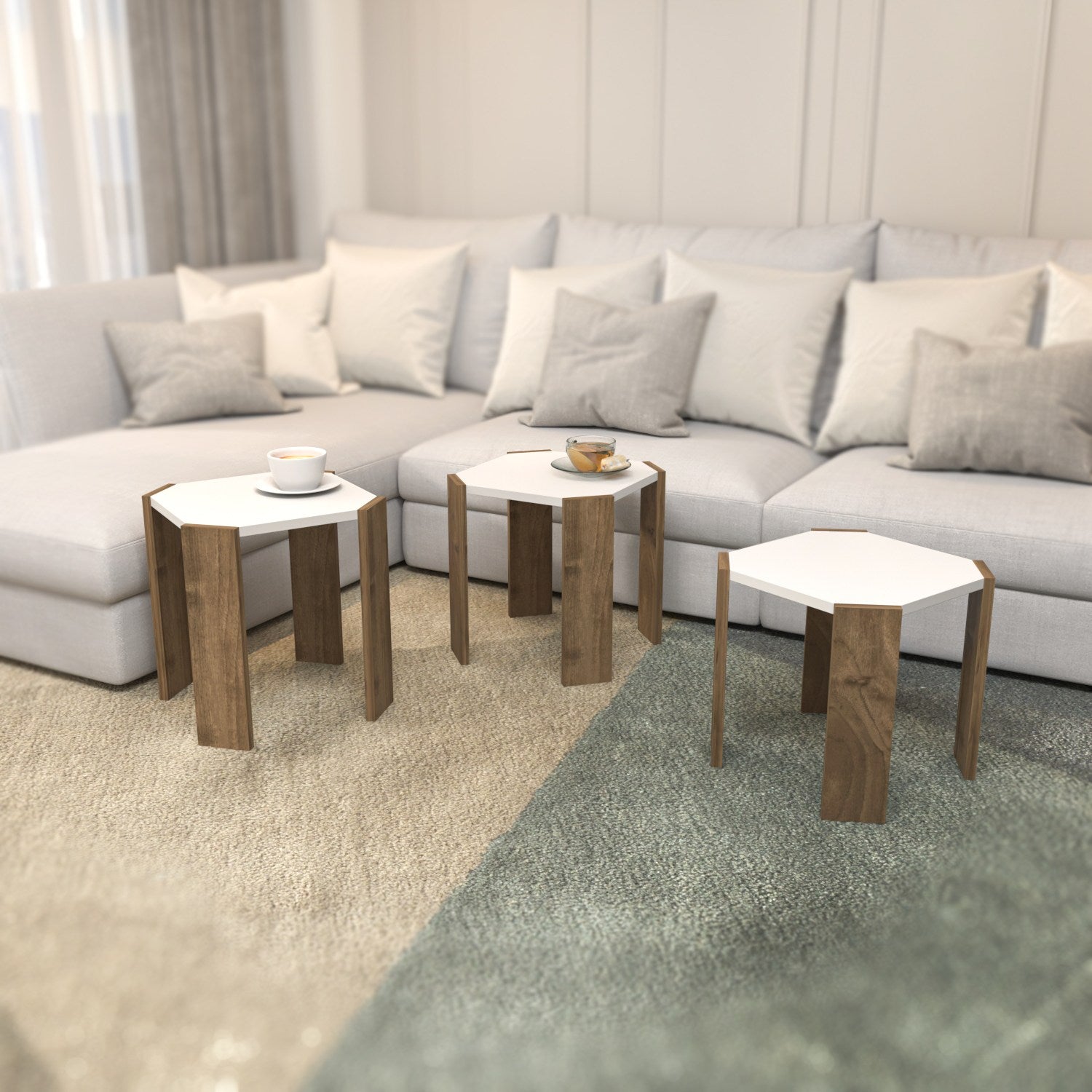 Mesa de Centro Elegante, Branca e Nogueira, 44,5 x 41 x 44,5 cm | Painel de Partículas 100% Revestido em Melamina, 18 mm de Espessura | Perfeita para Salas de Estar e Espaços Modernos