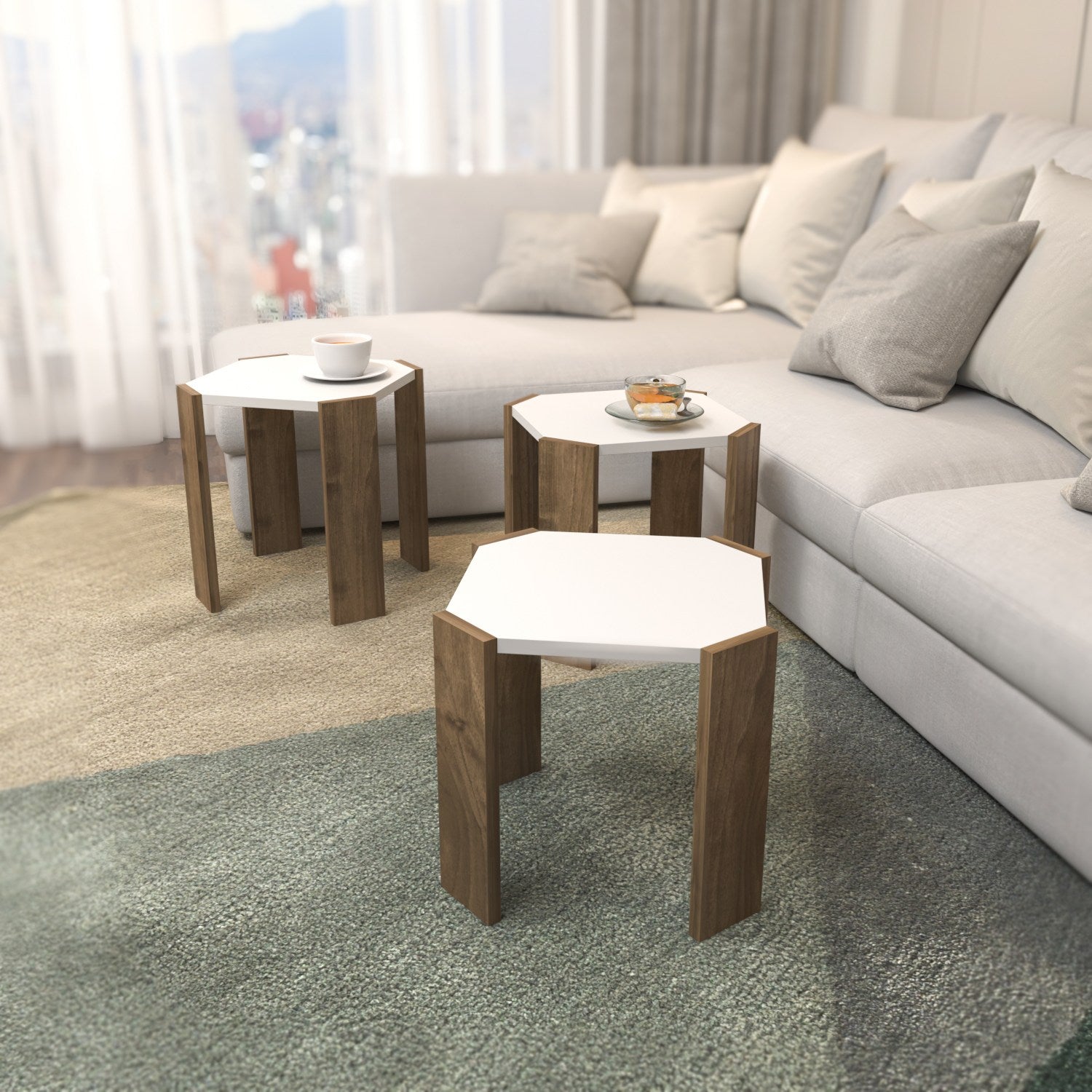 Mesa de Centro Elegante, Branca e Nogueira, 44,5 x 41 x 44,5 cm | Painel de Partículas 100% Revestido em Melamina, 18 mm de Espessura | Perfeita para Salas de Estar e Espaços Modernos