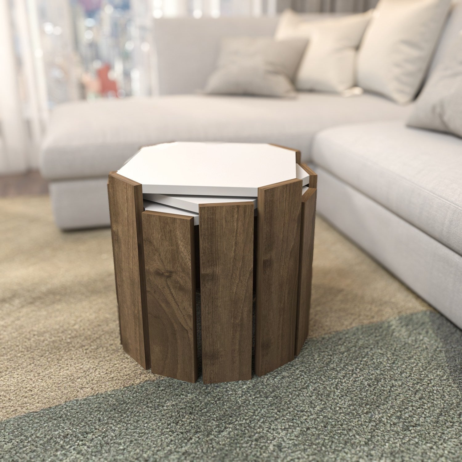 Mesa de Centro Elegante, Branca e Nogueira, 44,5 x 41 x 44,5 cm | Painel de Partículas 100% Revestido em Melamina, 18 mm de Espessura | Perfeita para Salas de Estar e Espaços Modernos