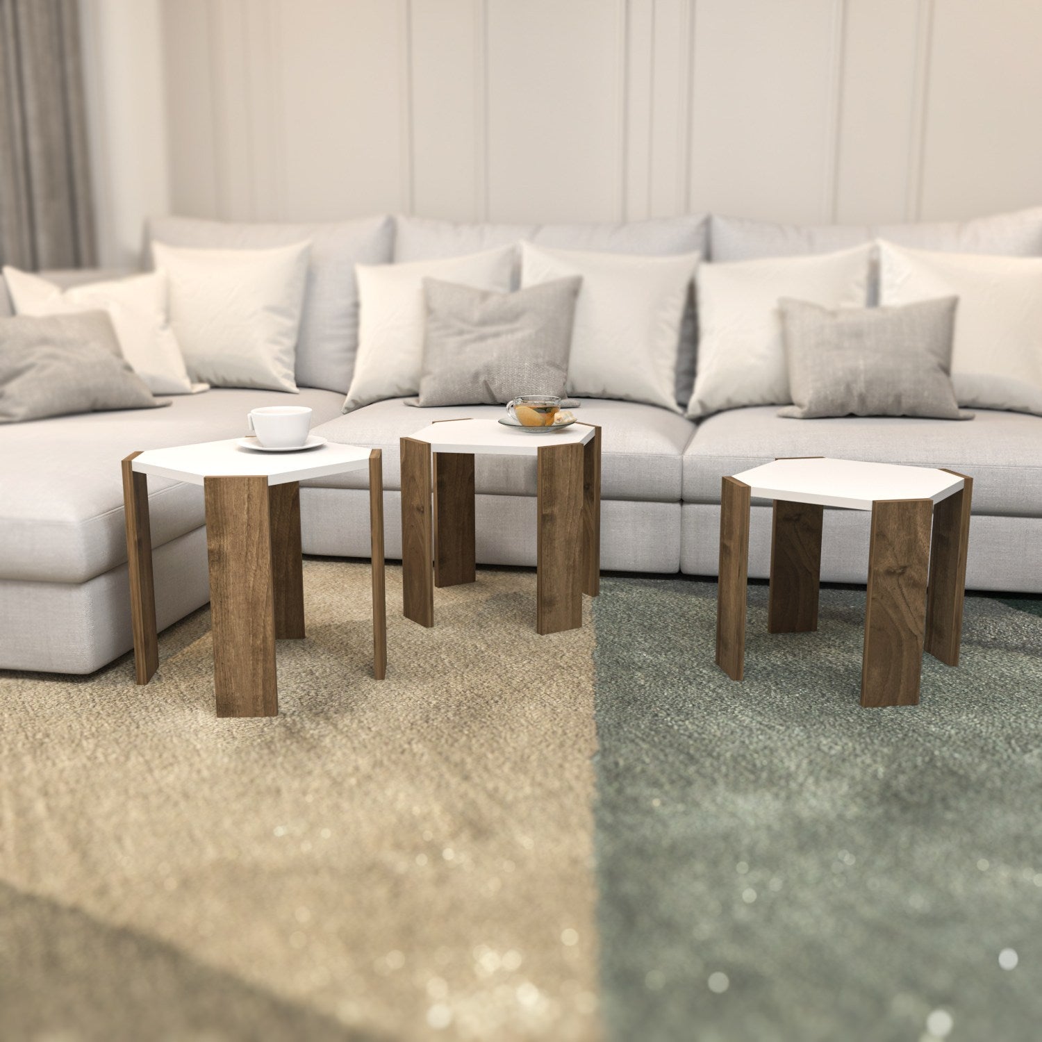 Mesa de Centro Elegante, Branca e Nogueira, 44,5 x 41 x 44,5 cm | Painel de Partículas 100% Revestido em Melamina, 18 mm de Espessura | Perfeita para Salas de Estar e Espaços Modernos