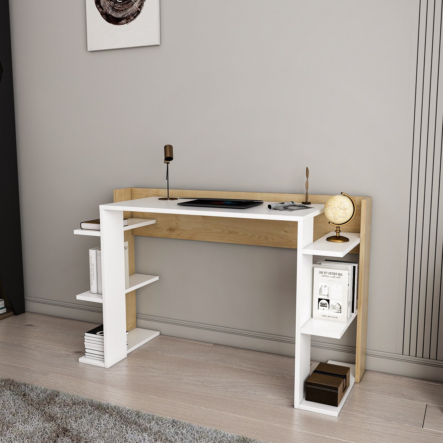 Secretária de Estudo/Escritório Moderna, Branca e Carvalho, 122,7 x 77 x 45 cm | Painel de Partículas 100% Revestido em Melamina, 18 mm de Espessura | Elegante e Funcional para Escritório em Casa