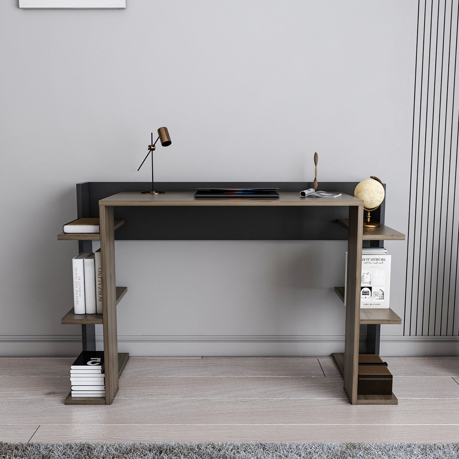 Secretária de Estudo/Escritório Elegante, Nogueira e Preto, 122,7 x 77 x 45 cm | Painel de Partículas 100% Revestido em Melamina, 18 mm de Espessura | Perfeita para Escritórios em Casa e Espaços de Estudo