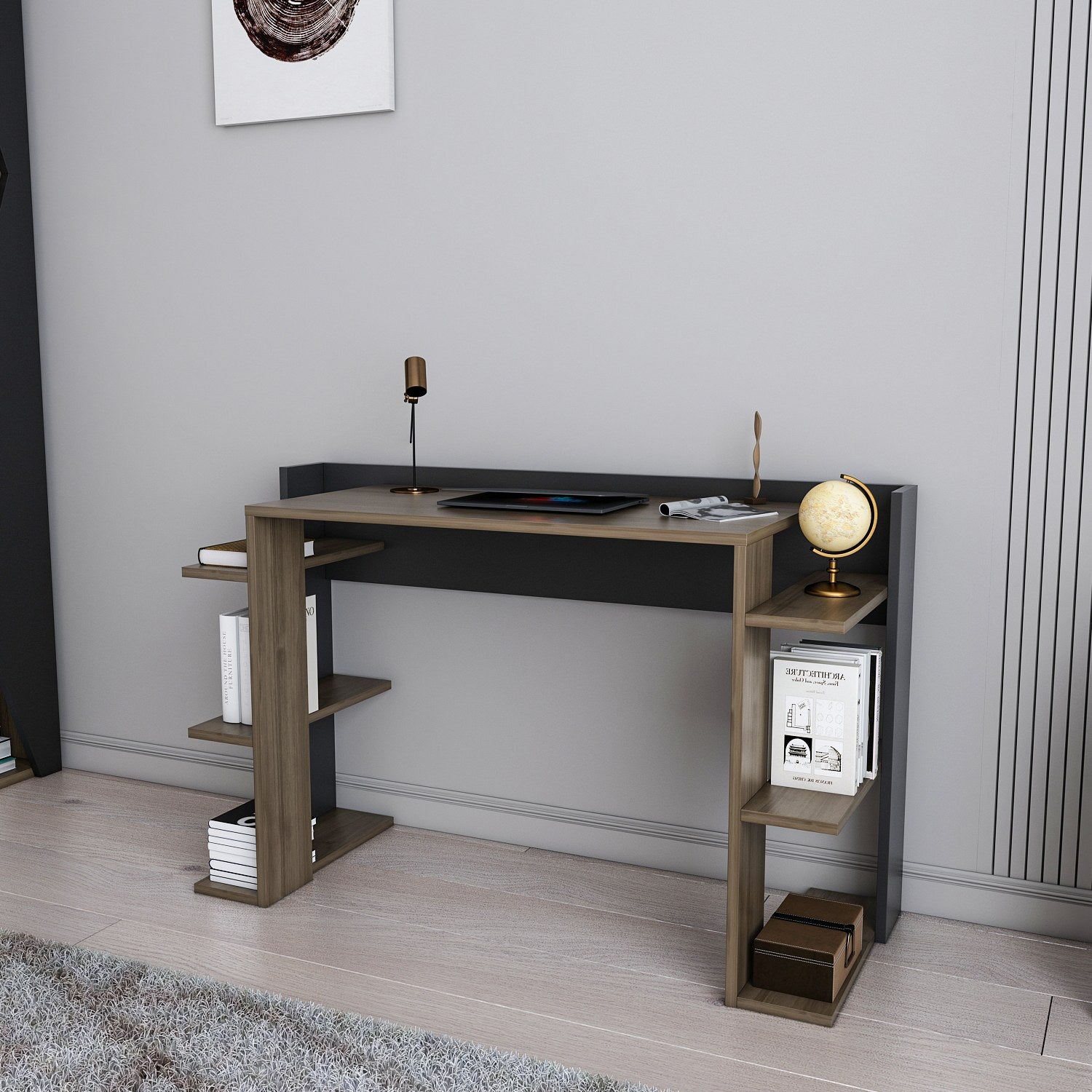 Secretária de Estudo/Escritório Elegante, Nogueira e Preto, 122,7 x 77 x 45 cm | Painel de Partículas 100% Revestido em Melamina, 18 mm de Espessura | Perfeita para Escritórios em Casa e Espaços de Estudo