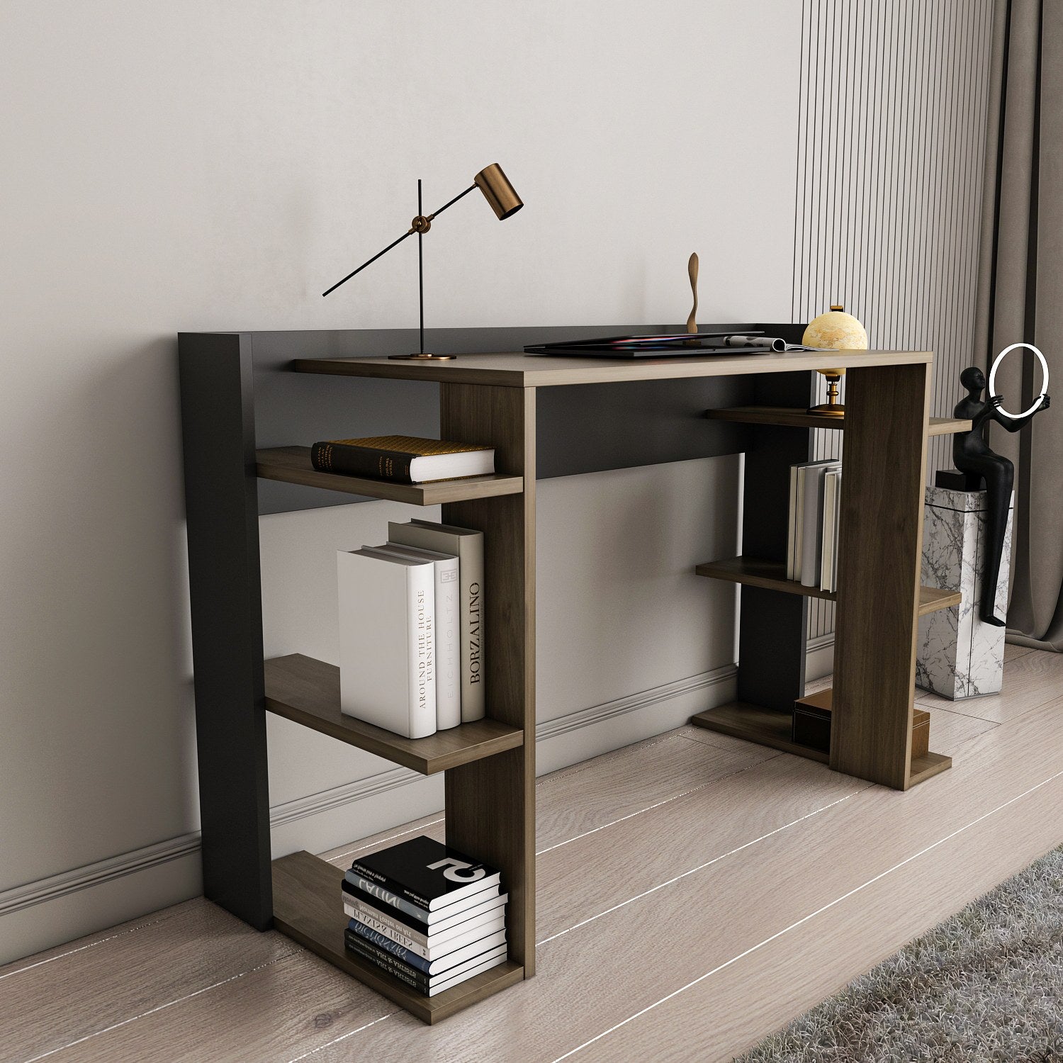 Secretária de Estudo/Escritório Elegante, Nogueira e Preto, 122,7 x 77 x 45 cm | Painel de Partículas 100% Revestido em Melamina, 18 mm de Espessura | Perfeita para Escritórios em Casa e Espaços de Estudo