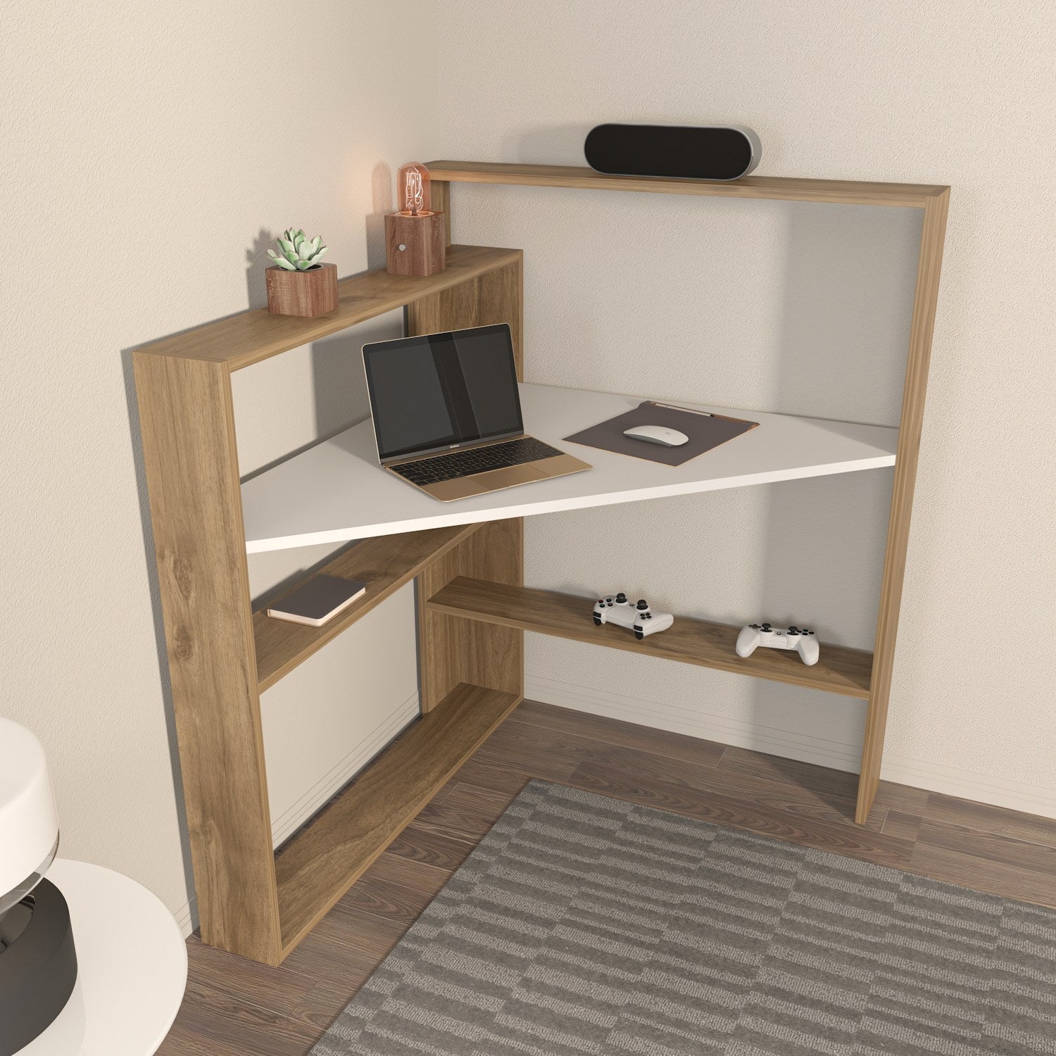 Secretária de Estudo/Escritório Elegante, Nogueira e Branco, 93,6 cm de Largura x 114 cm de Altura | Painel de Partículas 100% Revestido em Melamina, 18 mm de Espessura | Perfeita para Escritórios Domésticos Modernos