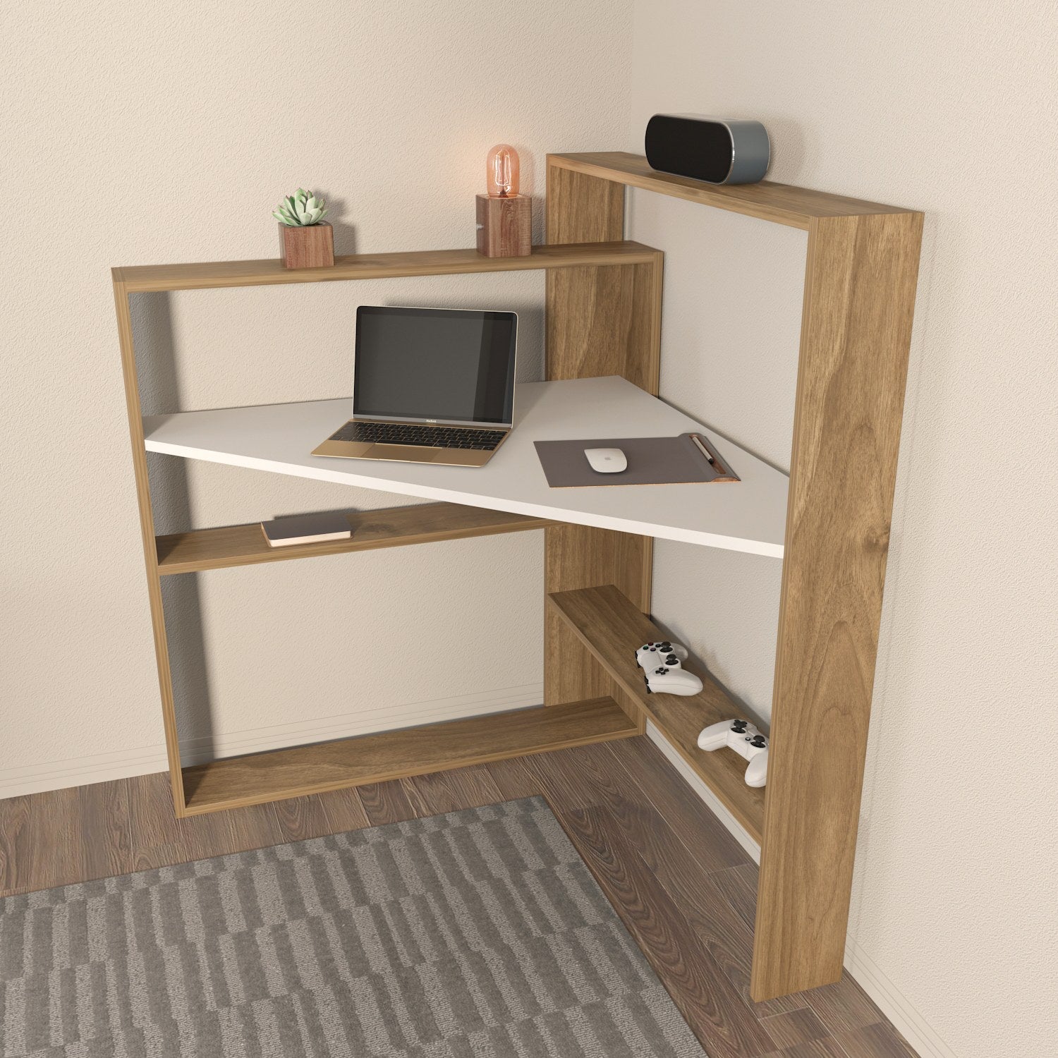 Secretária de Estudo/Escritório Elegante, Nogueira e Branco, 93,6 cm de Largura x 114 cm de Altura | Painel de Partículas 100% Revestido em Melamina, 18 mm de Espessura | Perfeita para Escritórios Domésticos Modernos